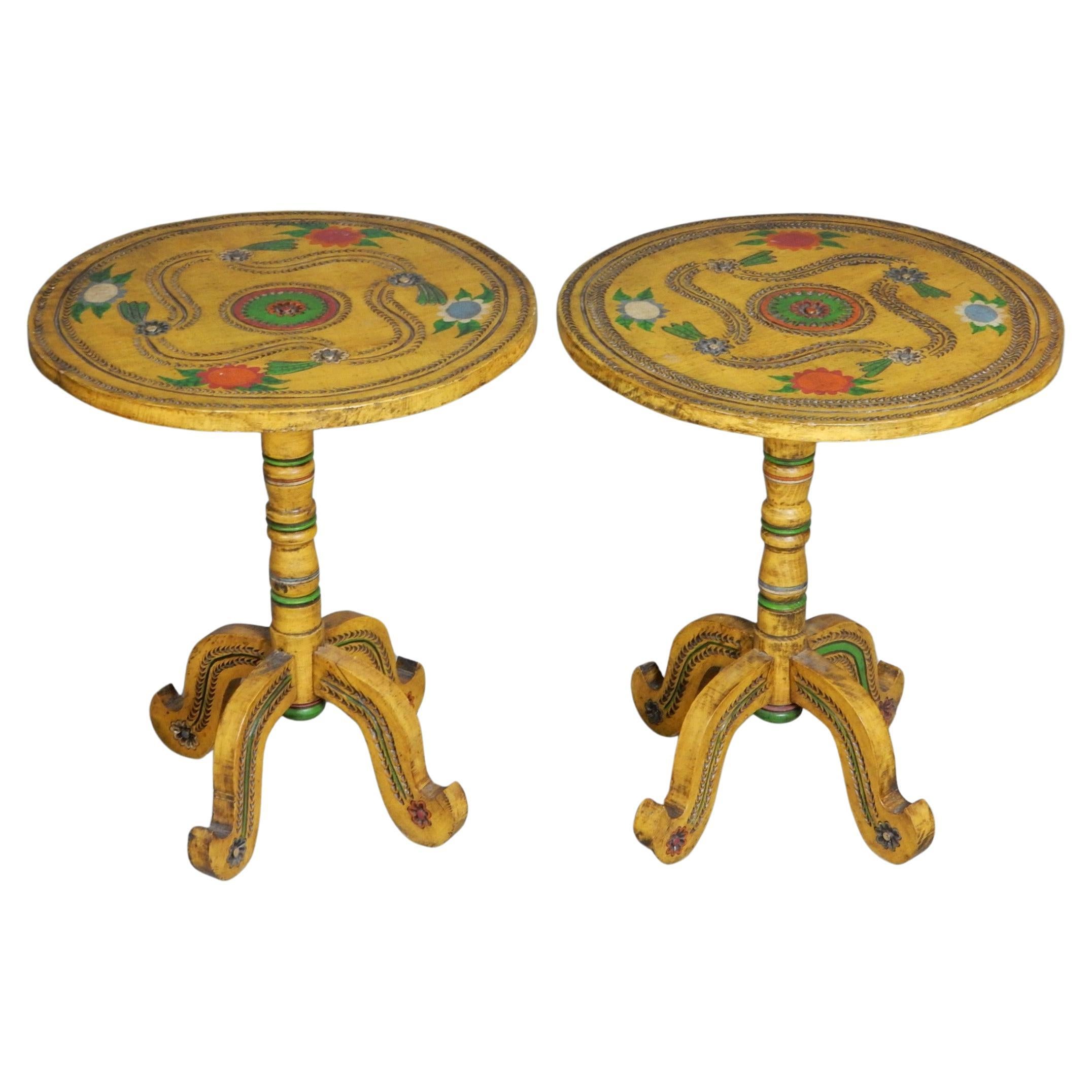 Antique European Carved & Painted Folk Art Table Pair  For Sale