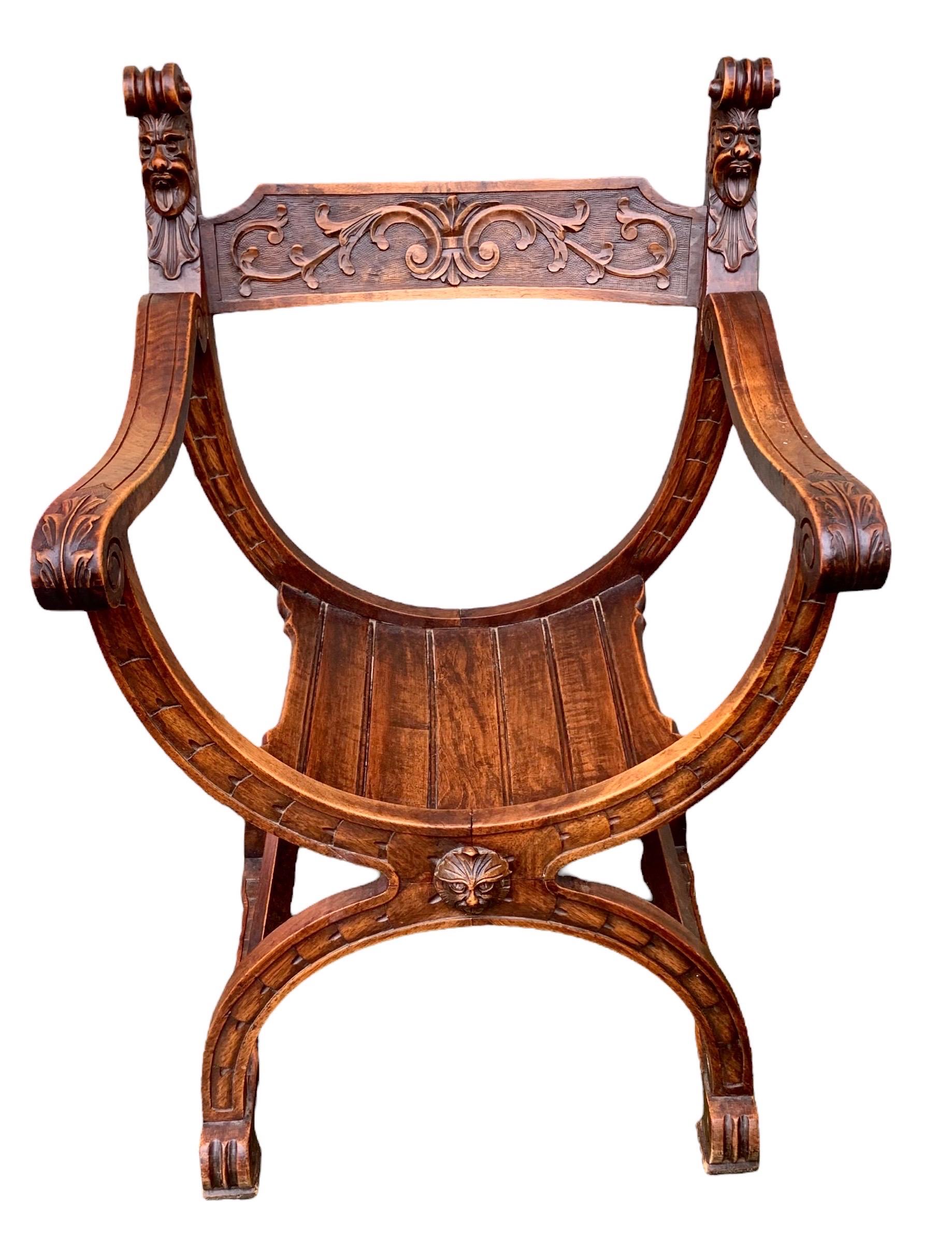 French Antique European Carved Walnut Dante Chair For Sale