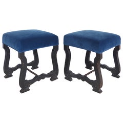 Antique European Carved Wood Stools Upholstered in Velvet, Pair