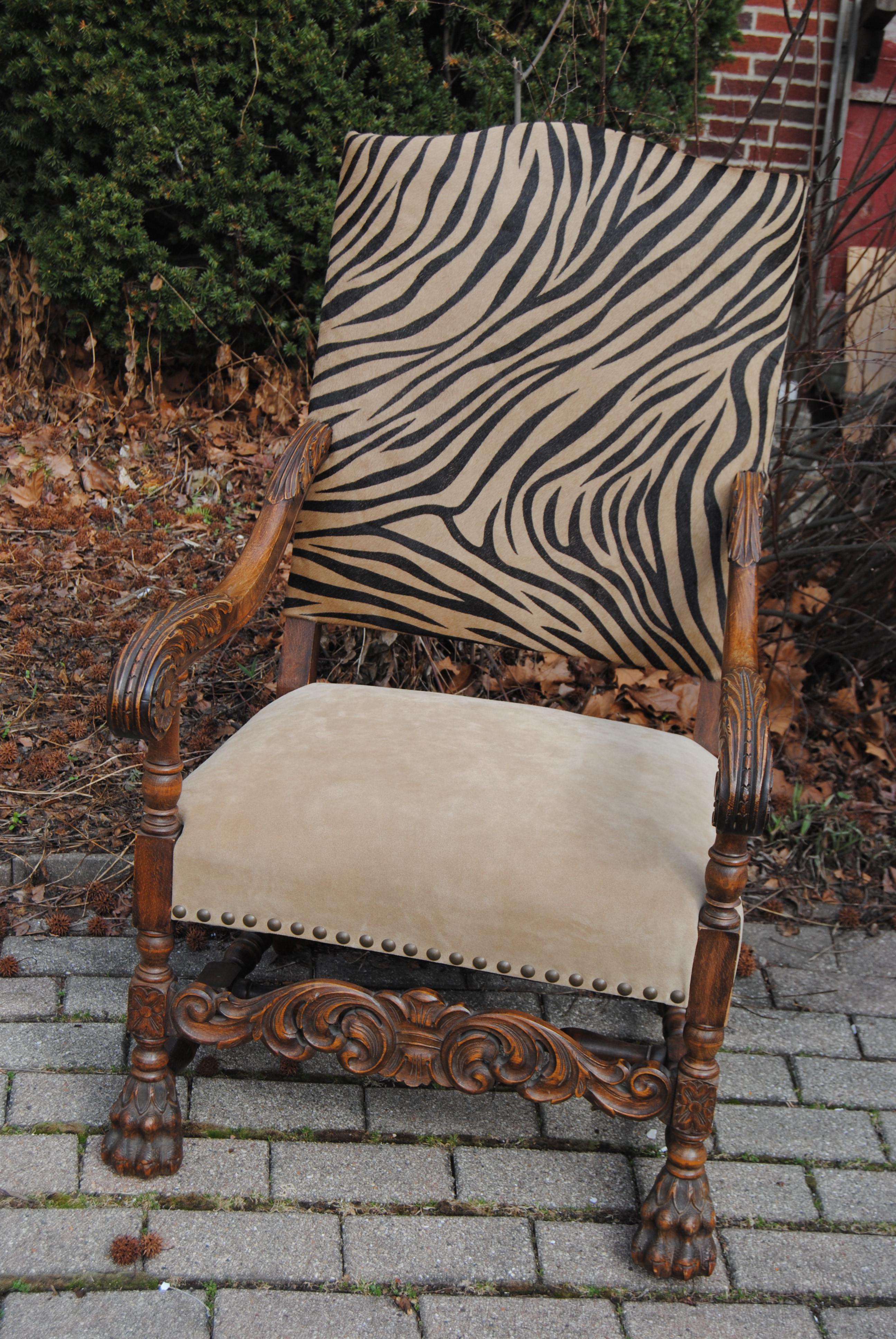 Antique European Chair Newly Upholstered in Edelman Faux Zebra Leather In Good Condition For Sale In Glen Ellyn, IL