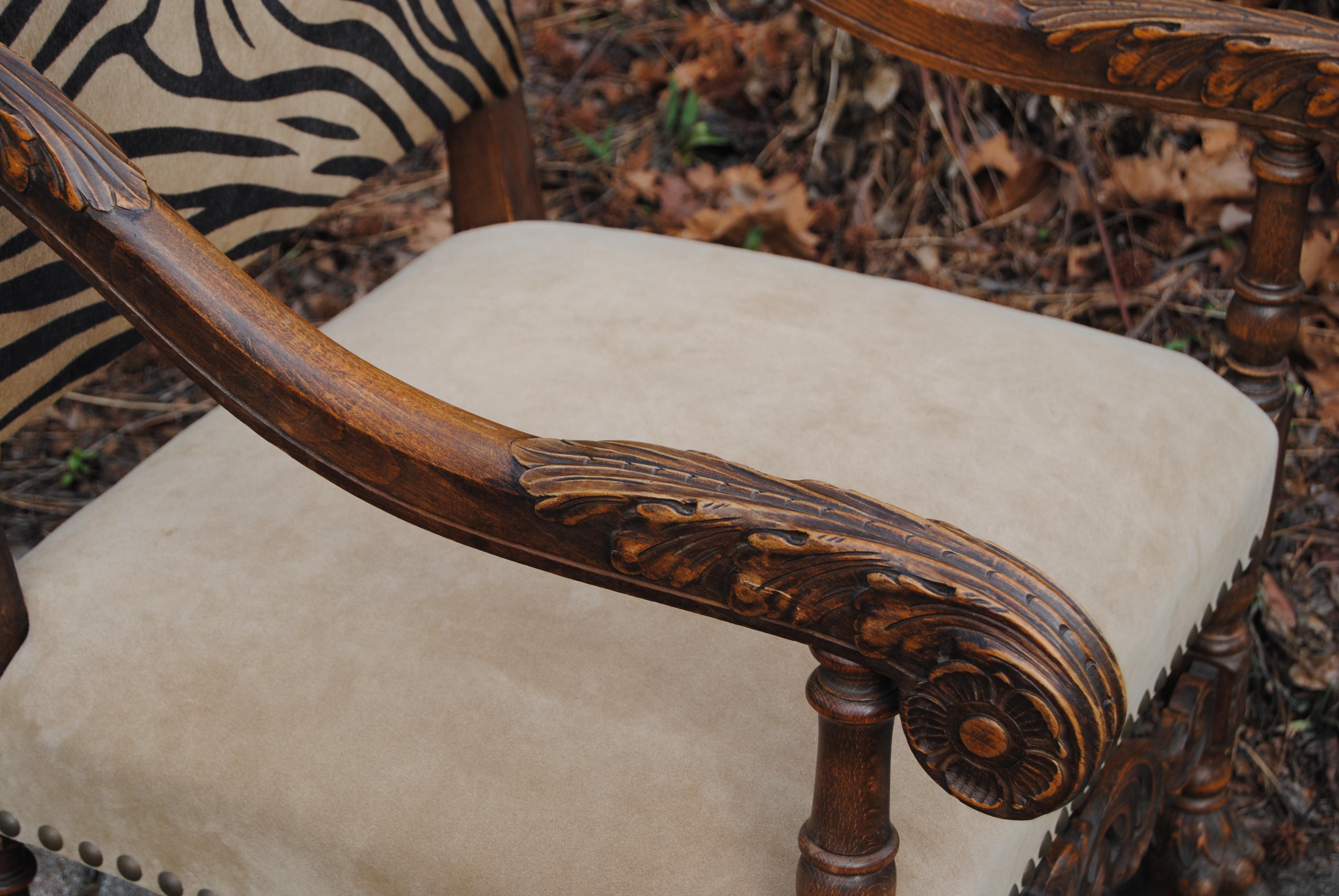 19th Century Antique European Chair Newly Upholstered in Edelman Faux Zebra Leather For Sale