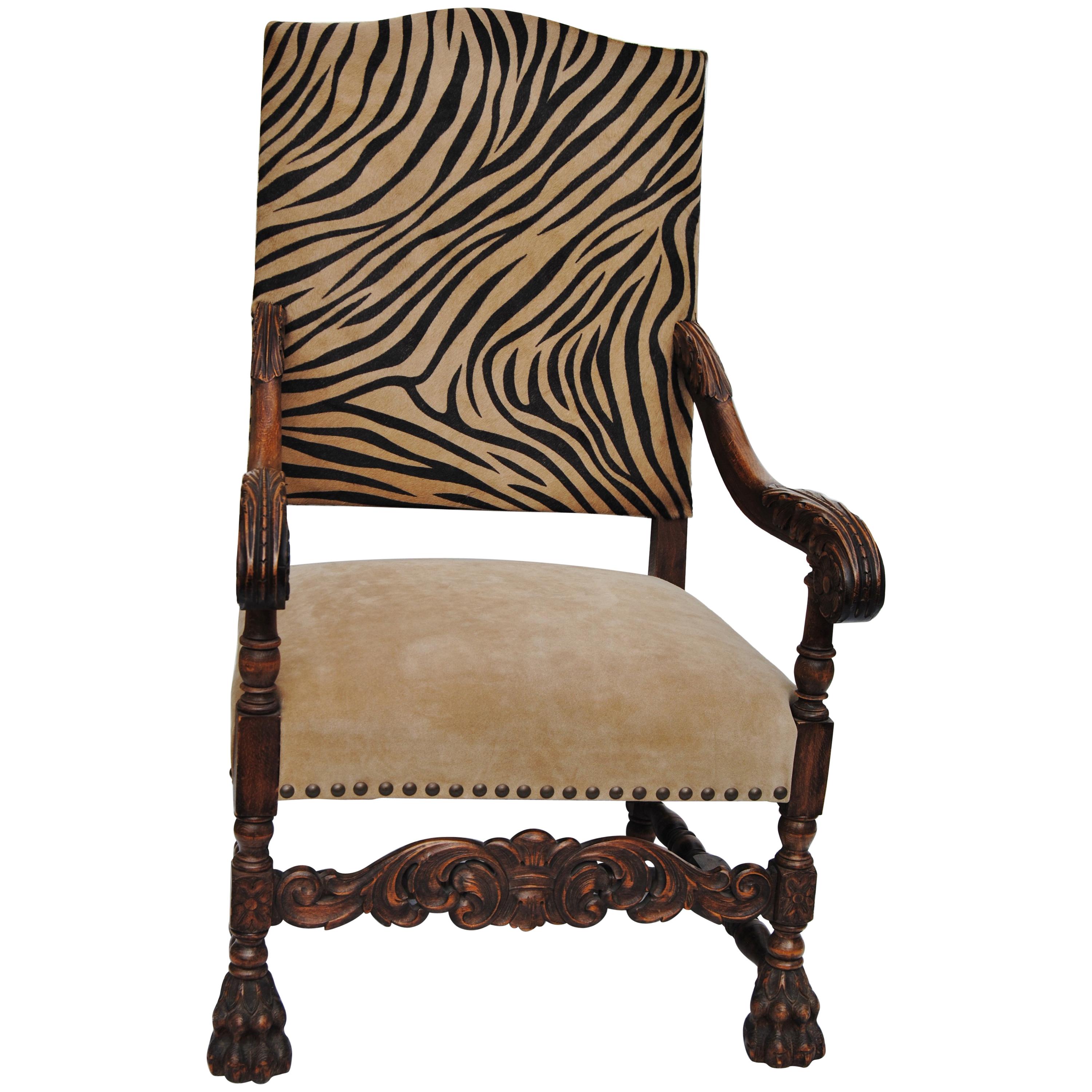 Antique European Chair Newly Upholstered in Edelman Faux Zebra Leather For Sale