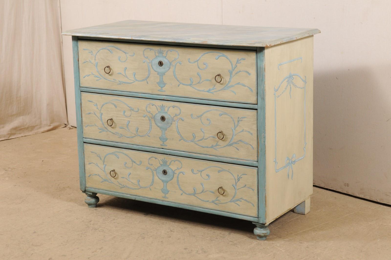 Hand-Painted Antique European Chest with Neoclassical Inspired Painting and Faux Marble Top