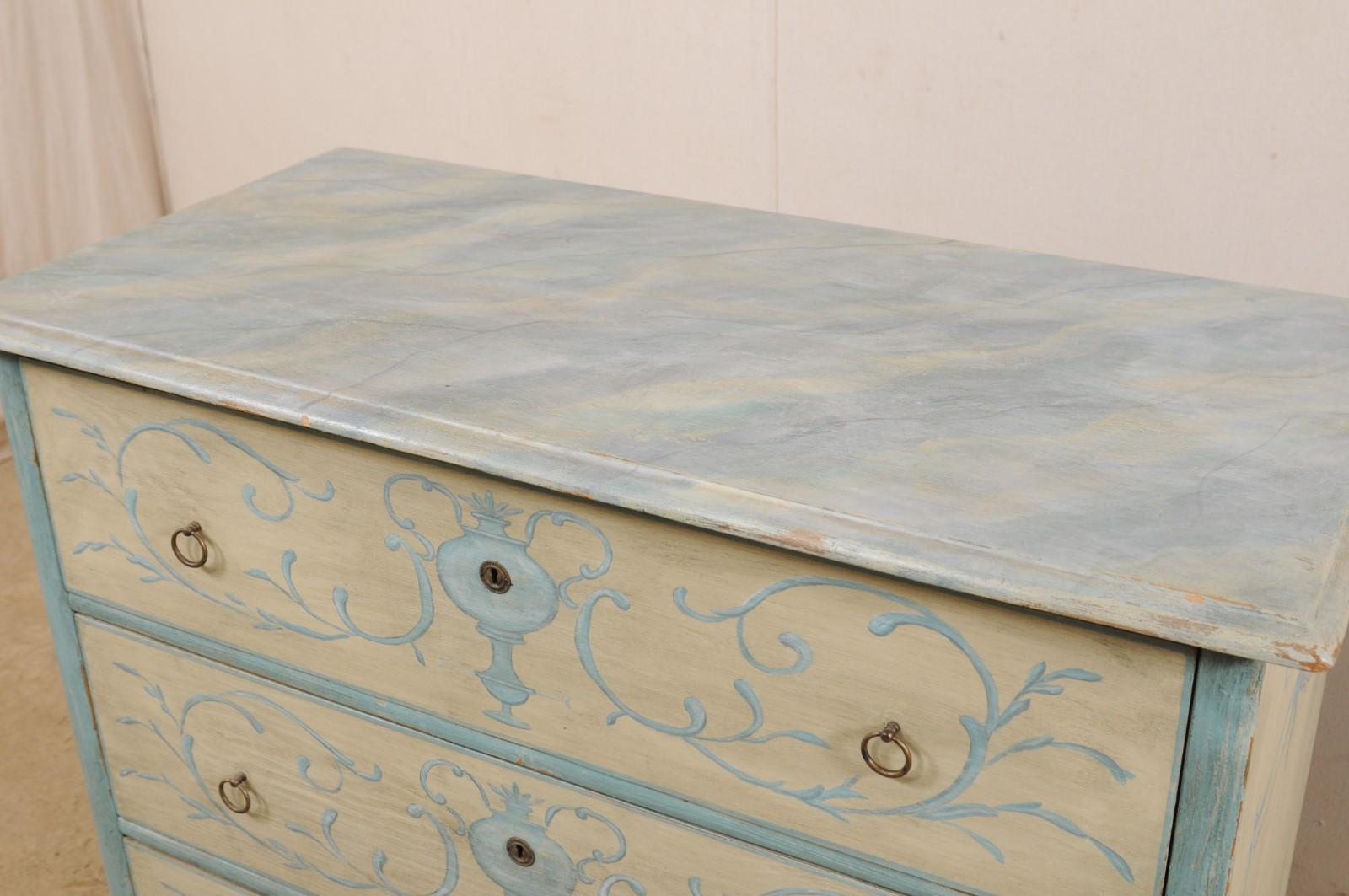 20th Century Antique European Chest with Neoclassical Inspired Painting and Faux Marble Top