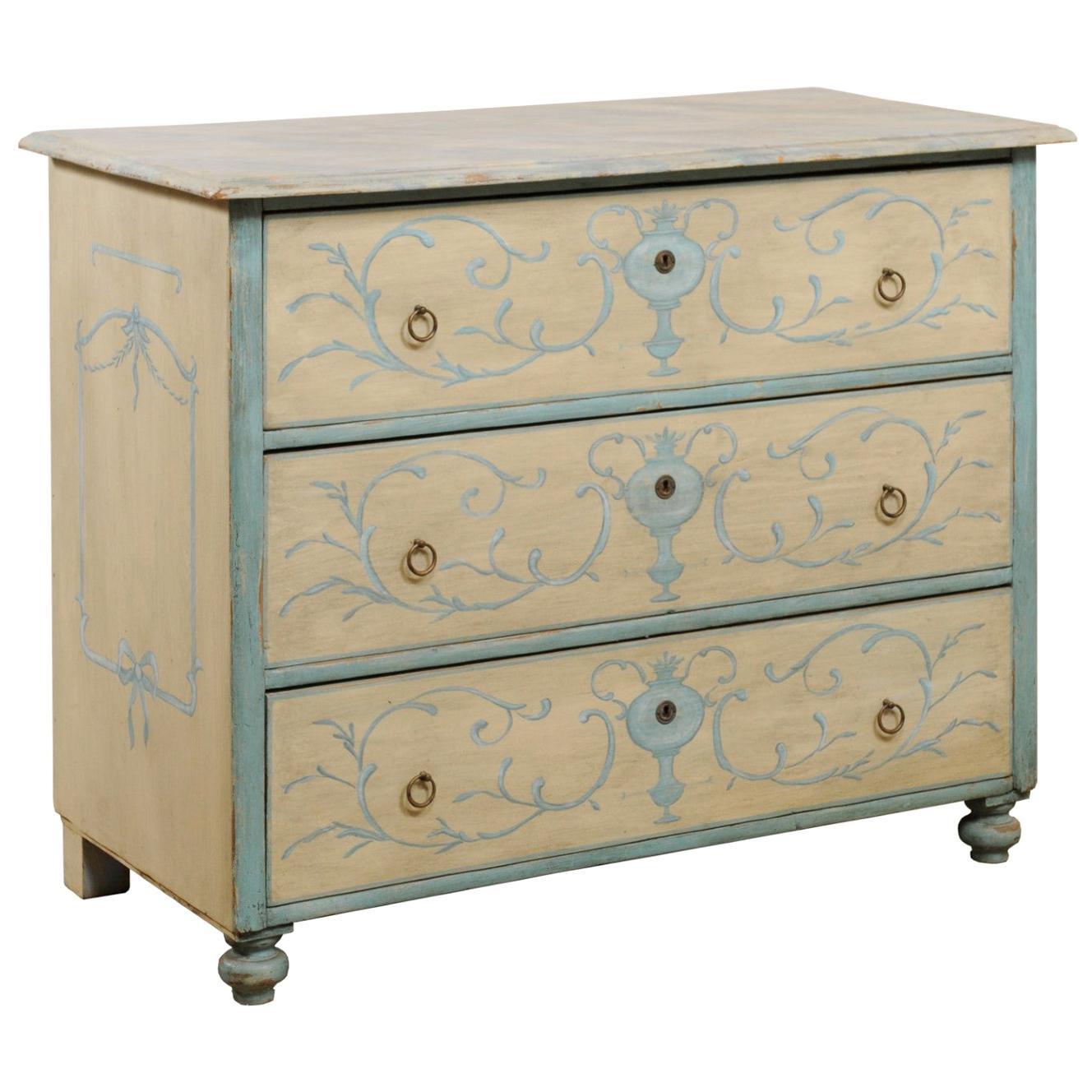 Antique European Chest with Neoclassical Inspired Painting and Faux Marble Top