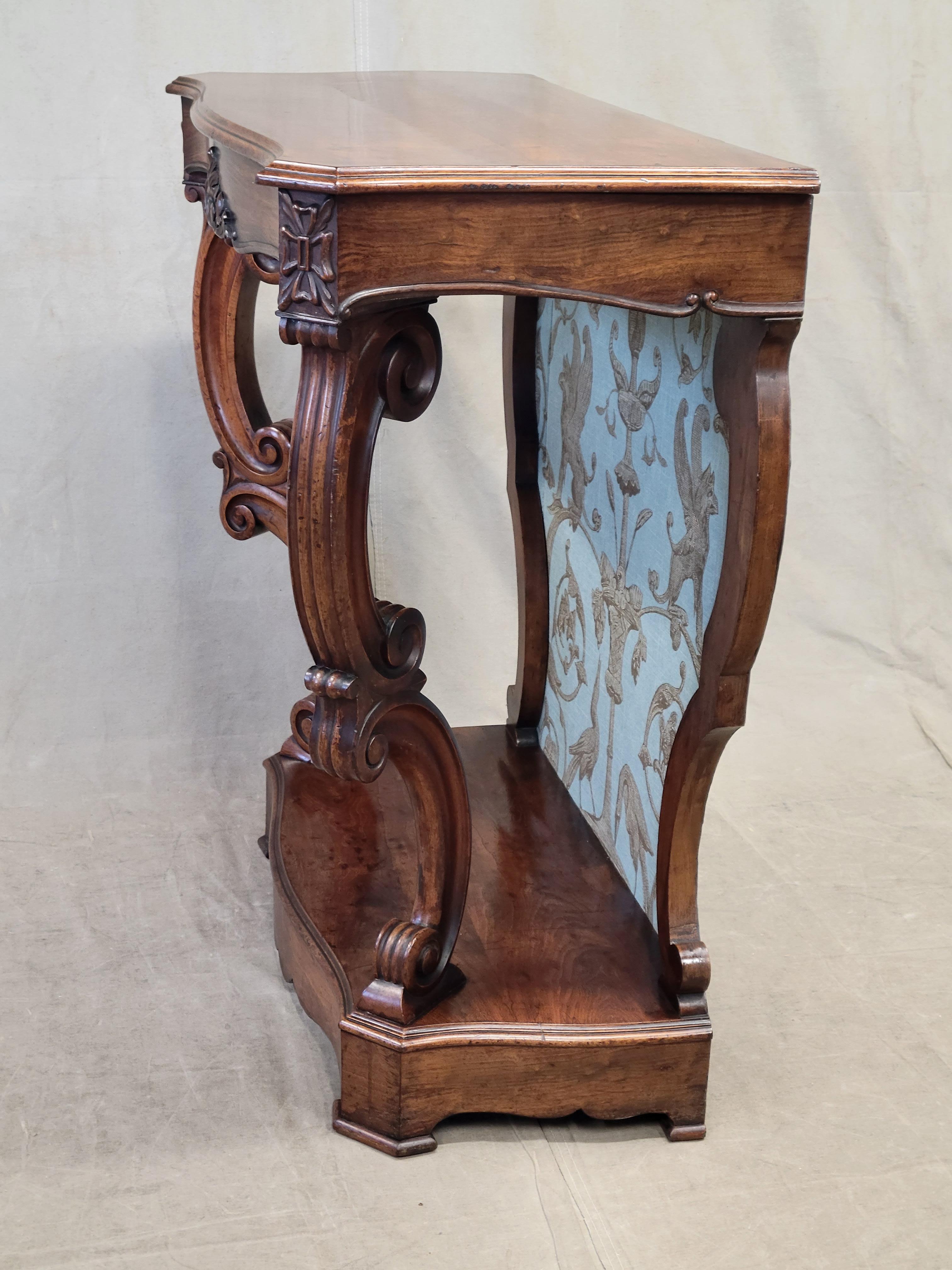 Antique Louis Phillipe Console Table with Thibaut Renaissance Fabric Panel 2
