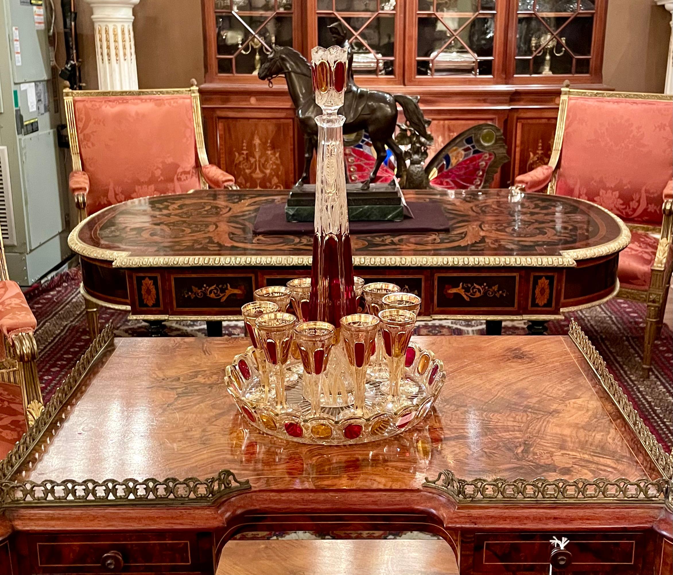 Antique European Cut Crystal Ruby Glass Decanter, 10 Cordials & Tray, Circa 1920 For Sale 8