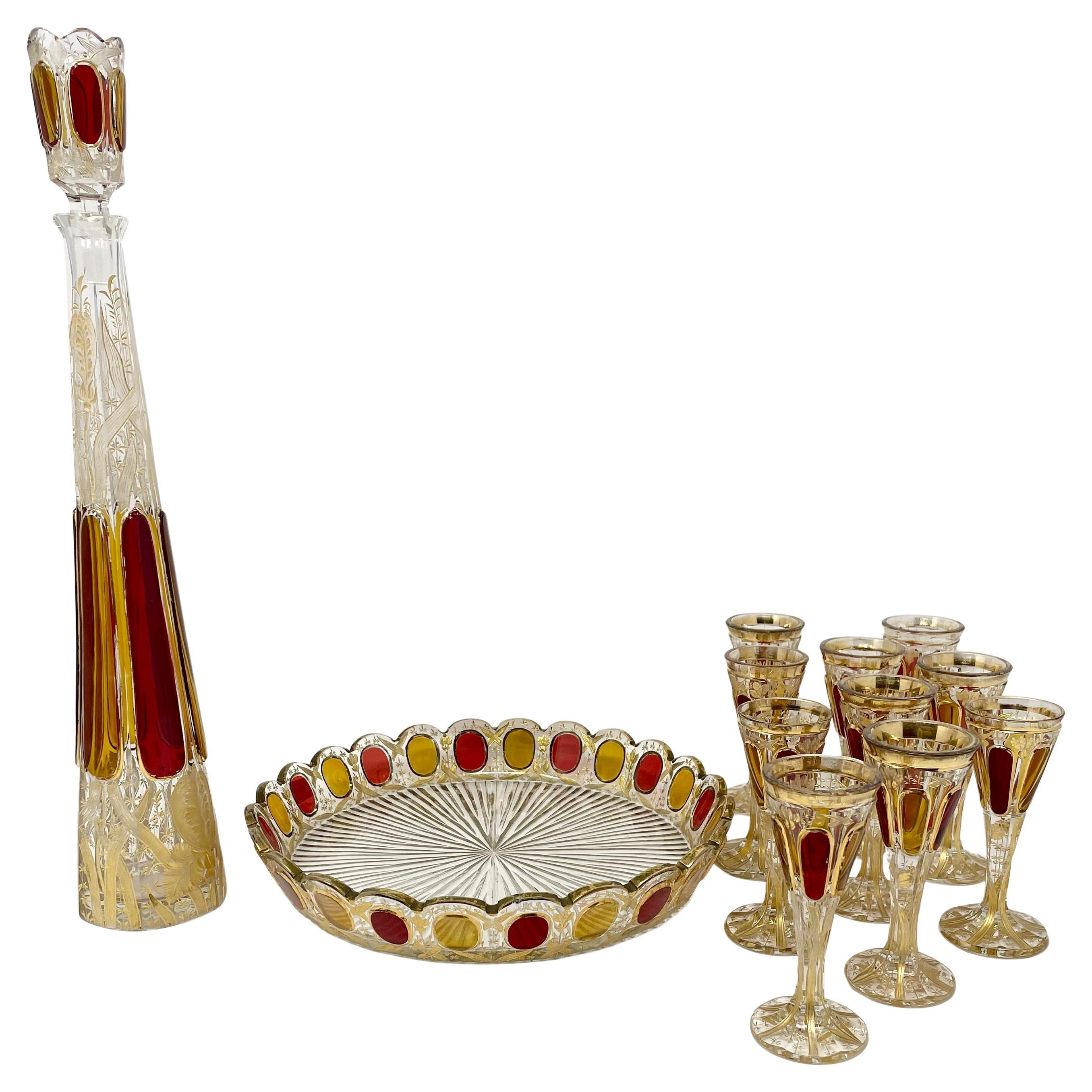 Antique European Cut Crystal Ruby Glass Decanter, 10 Cordials & Tray, Circa 1920 In Good Condition For Sale In New Orleans, LA