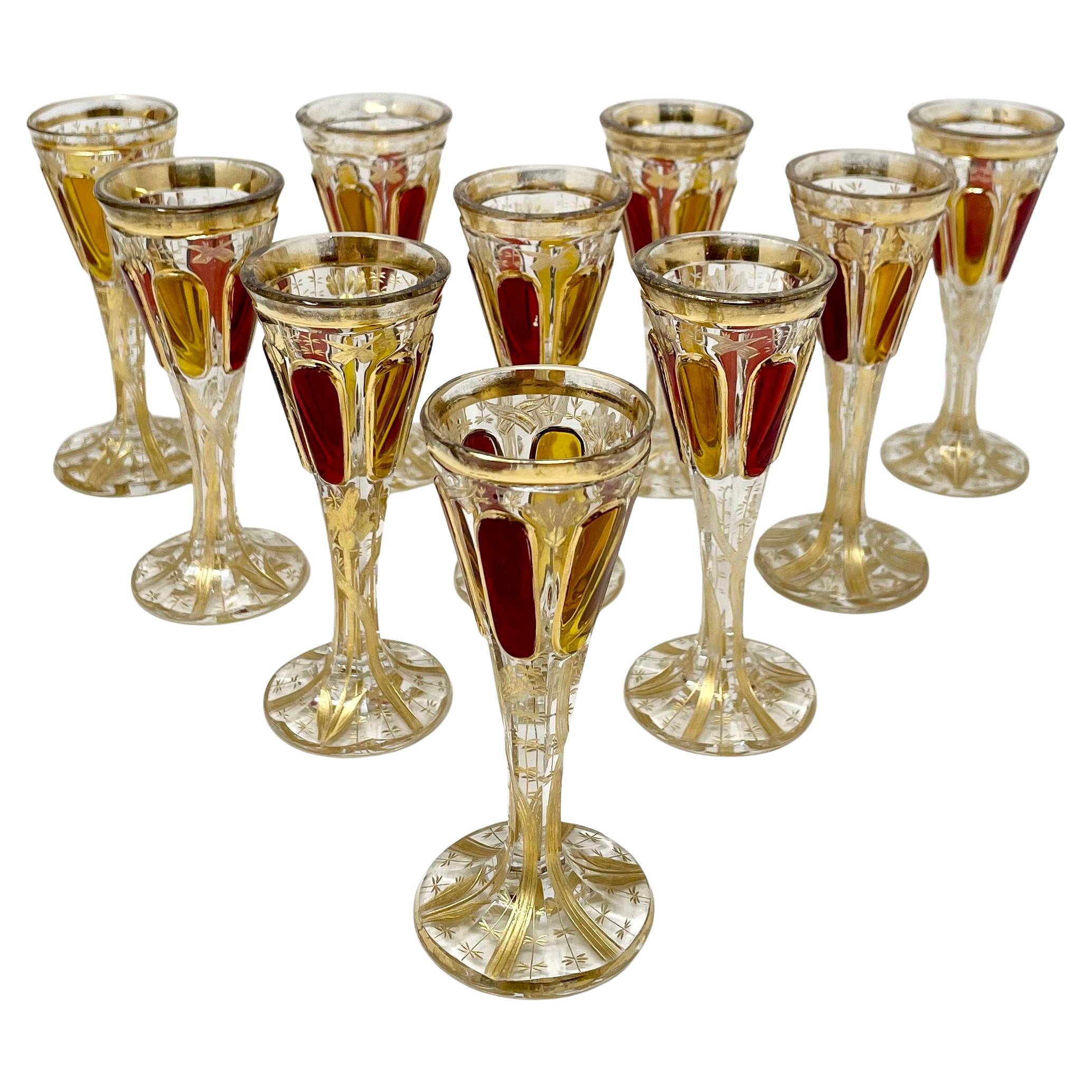 Antique European Cut Crystal Ruby Glass Decanter, 10 Cordials & Tray, Circa 1920 For Sale 3