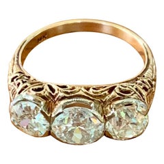 Antique European Cut Diamond 14 Karat Yellow Gold 3-Stone Ring