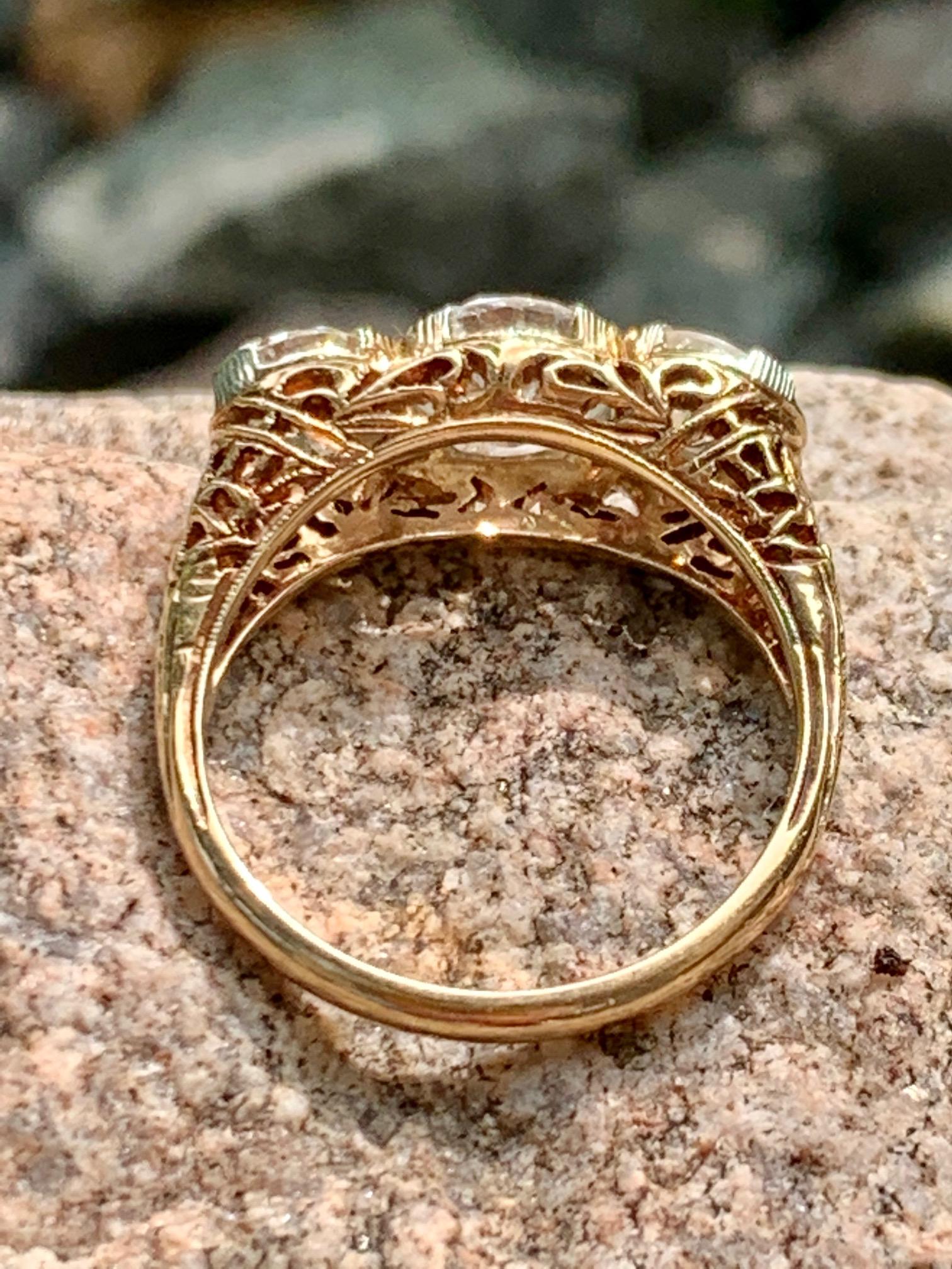 Old European Cut Antique European Cut Diamond 14 Karat Yellow Gold 3-Stone Ring