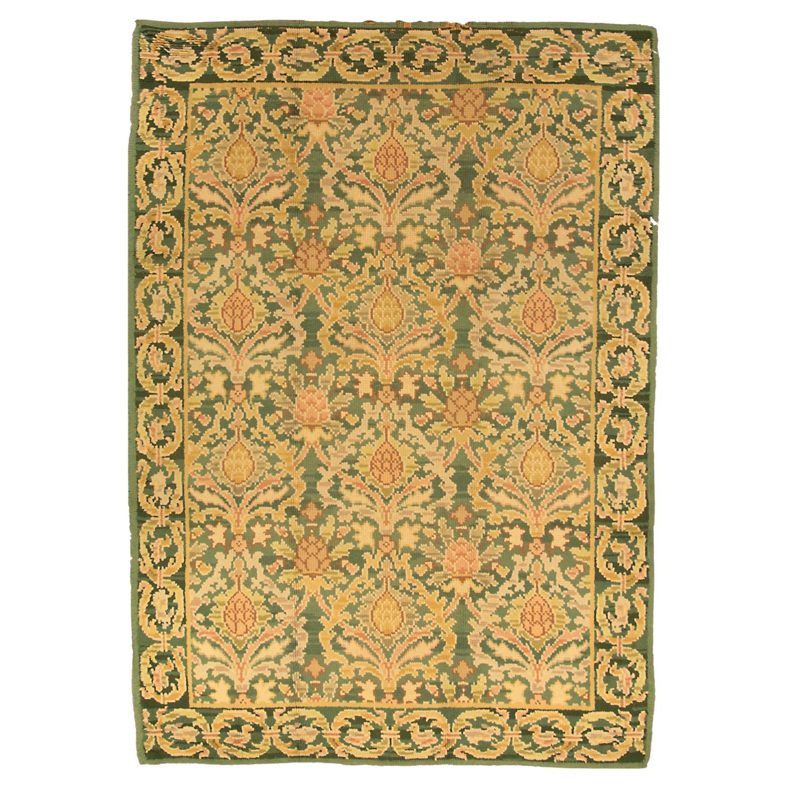 Antique European Donegal All-Over Green Field Wool Rug, ca. 1920