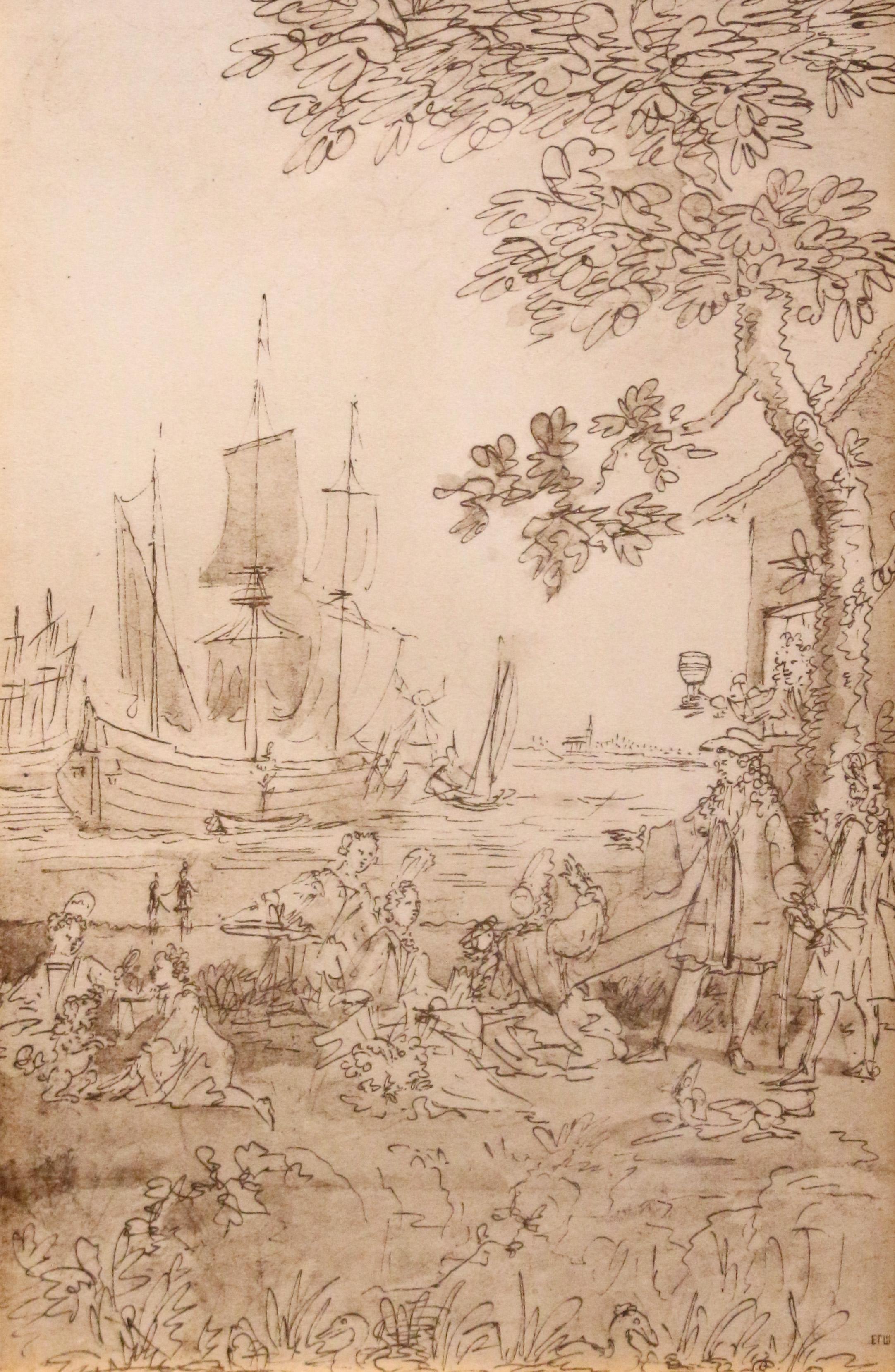 An antique drawing on paper, European, age uncertain. Not examined out of the frame. A fun Renaissance Romantic scene of a happy group by the water with village and windmill in the background. Don't miss the begging poodle! Monogram lower left.