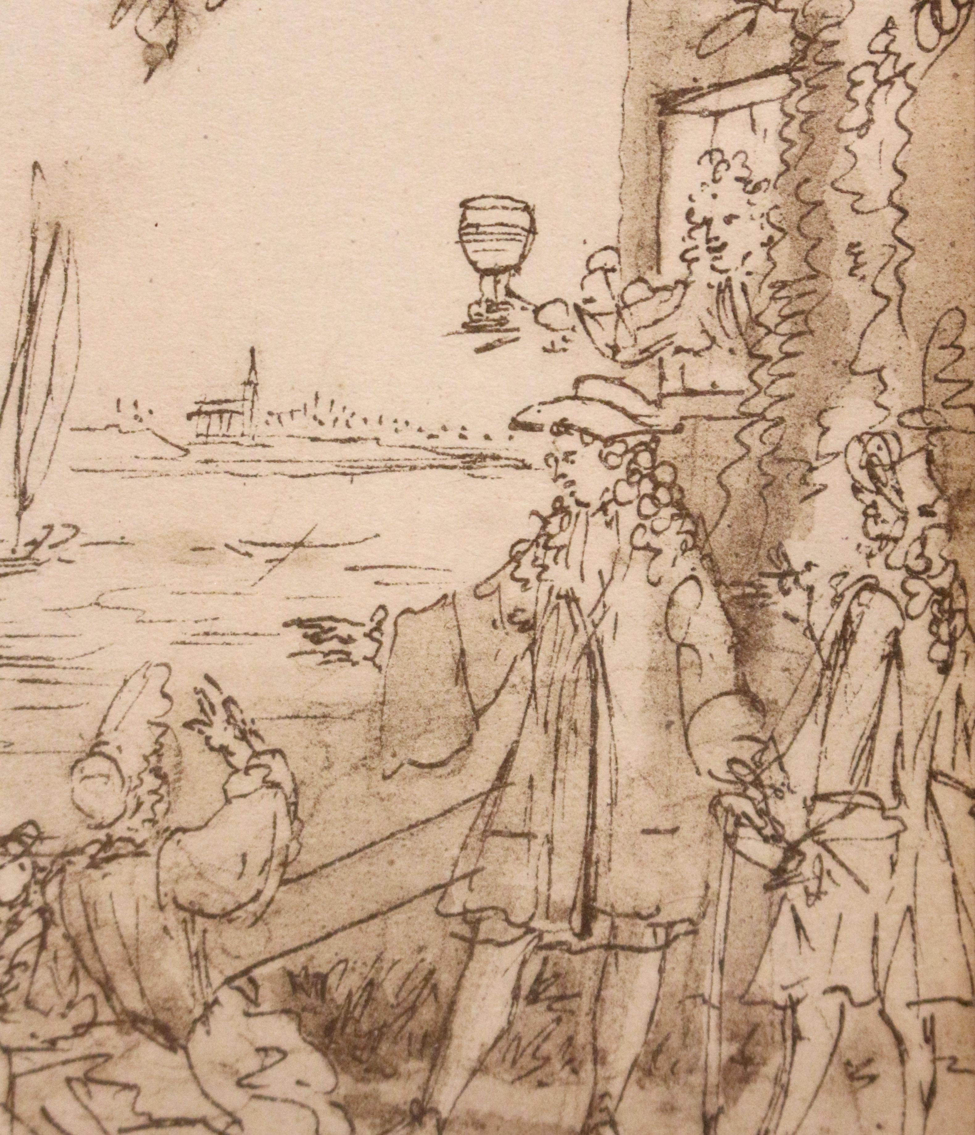 Gilt Antique European Drawing of a Renaissance Romantic Scene For Sale