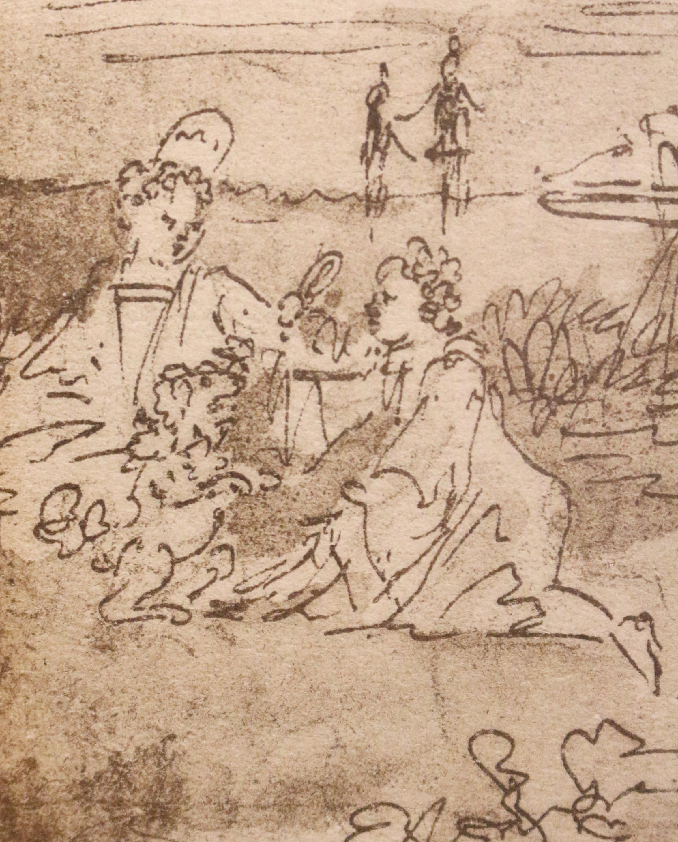 Antike europäische Zeichnung einer romantischen Szene der Renaissance (Vergoldet) im Angebot