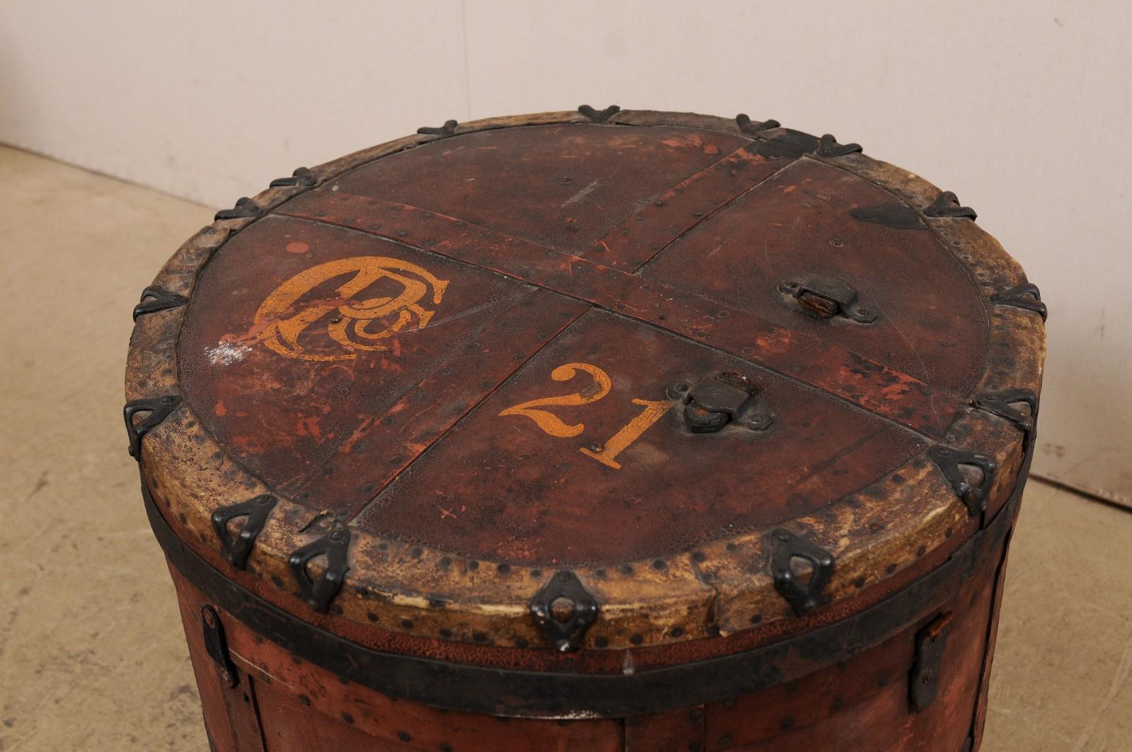 Textile Antique European Drum-Shaped Storage Vessel with Removable Lid Top For Sale
