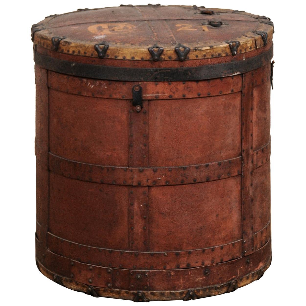 Antique European Drum-Shaped Storage Vessel with Removable Lid Top