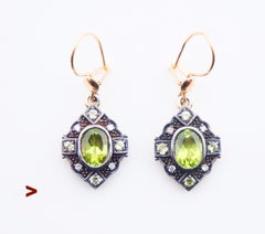 Pendientes Europeos Antiguos Crisolita natural Diamantes macizos 12K / 18K Oro / 3gr