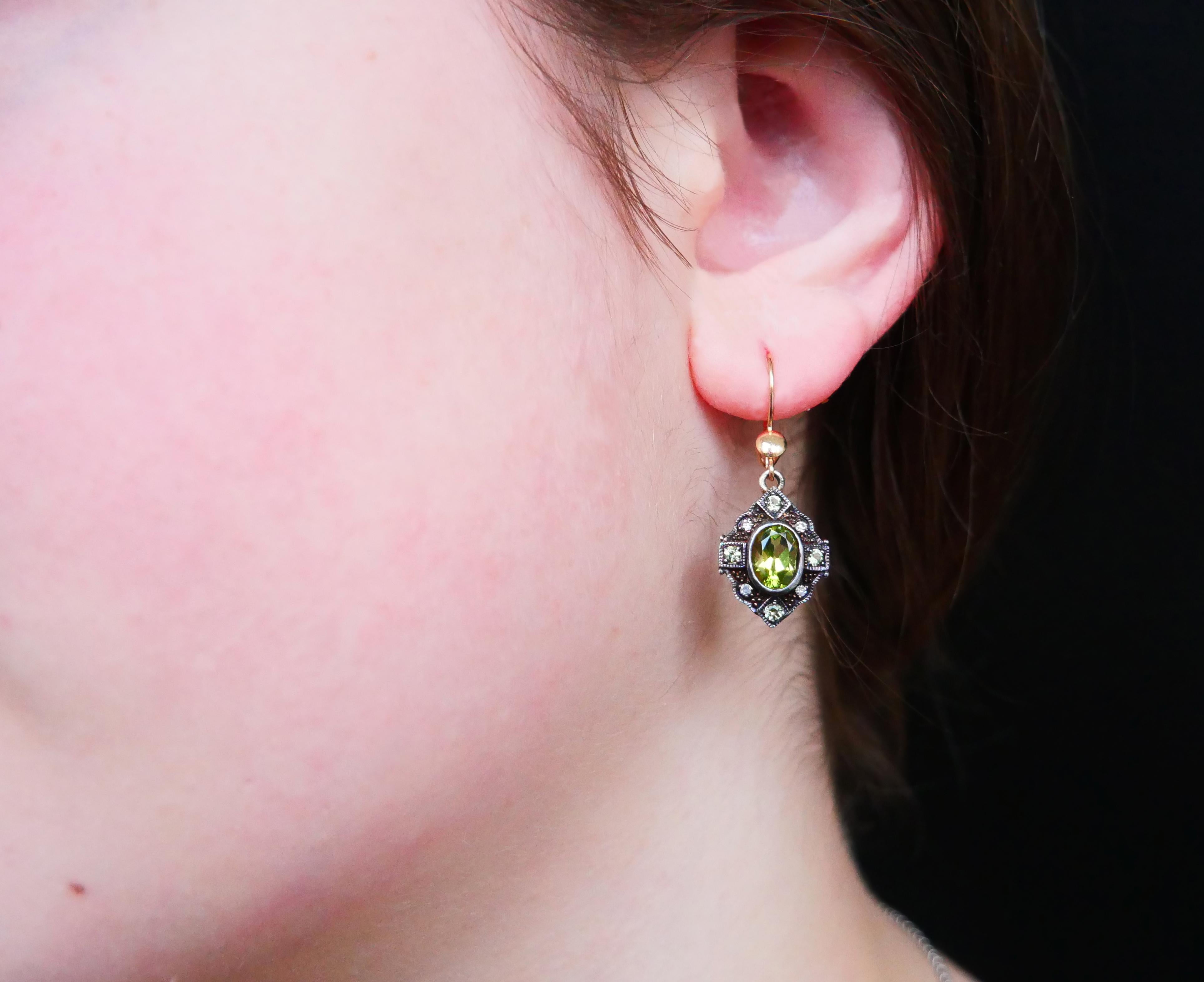 Art Deco Antique European Earrings natural Chrysolite Diamonds solid 12K / 18K Gold / 3gr For Sale