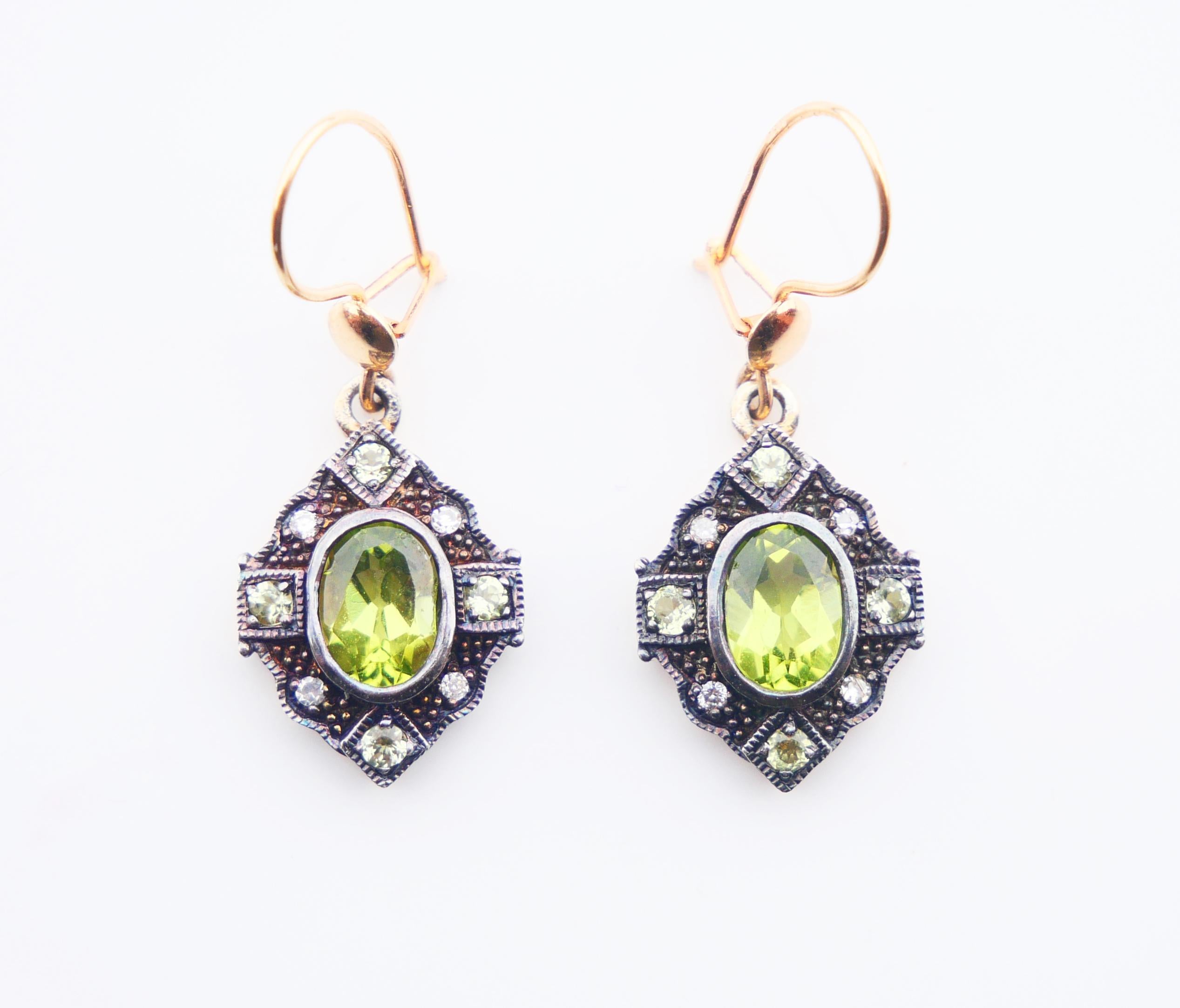 Oval Cut Antique European Earrings natural Chrysolite Diamonds solid 12K / 18K Gold / 3gr For Sale