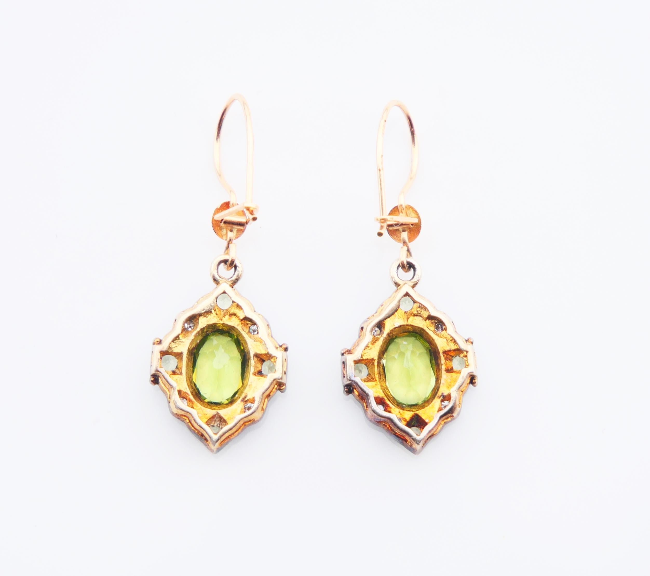 Women's Antique European Earrings natural Chrysolite Diamonds solid 12K / 18K Gold / 3gr For Sale