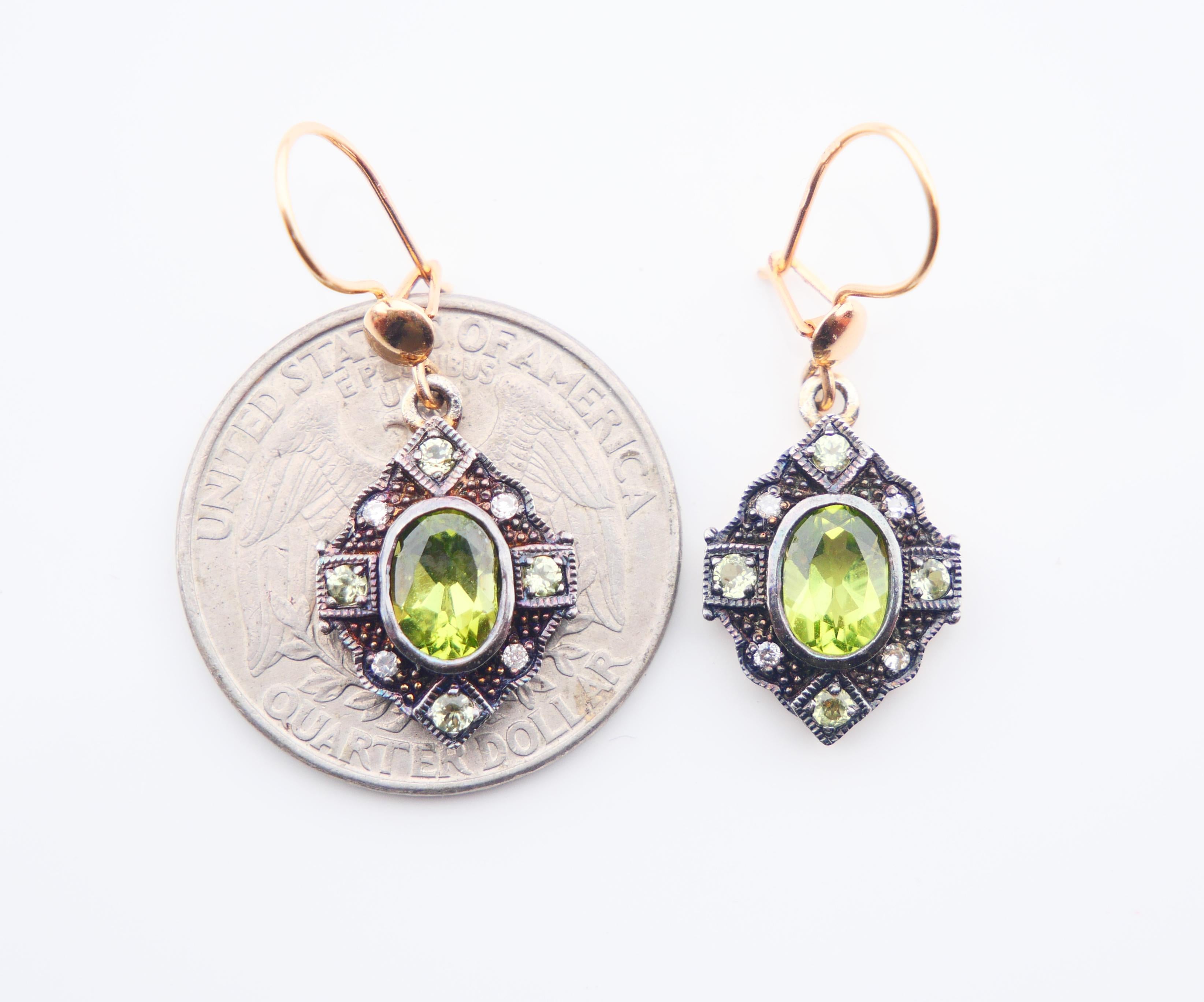 Antique European Earrings natural Chrysolite Diamonds solid 12K / 18K Gold / 3gr For Sale 3