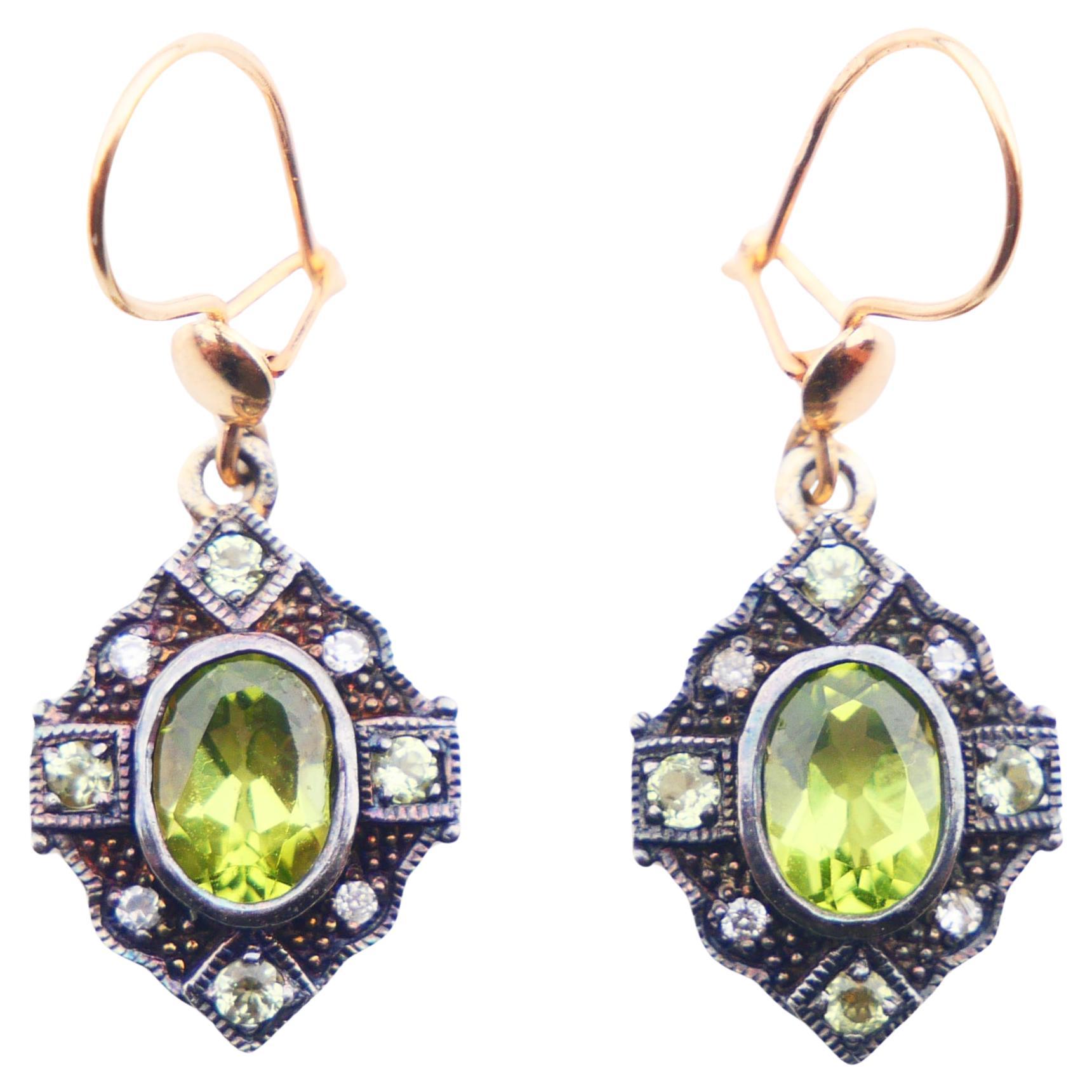 Antique European Earrings natural Chrysolite Diamonds solid 12K / 18K Gold / 3gr