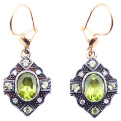 Antike europäische Ohrringe, natürlicher Chrysolit, Diamanten, massive 12K / 18K Gold / 3gr