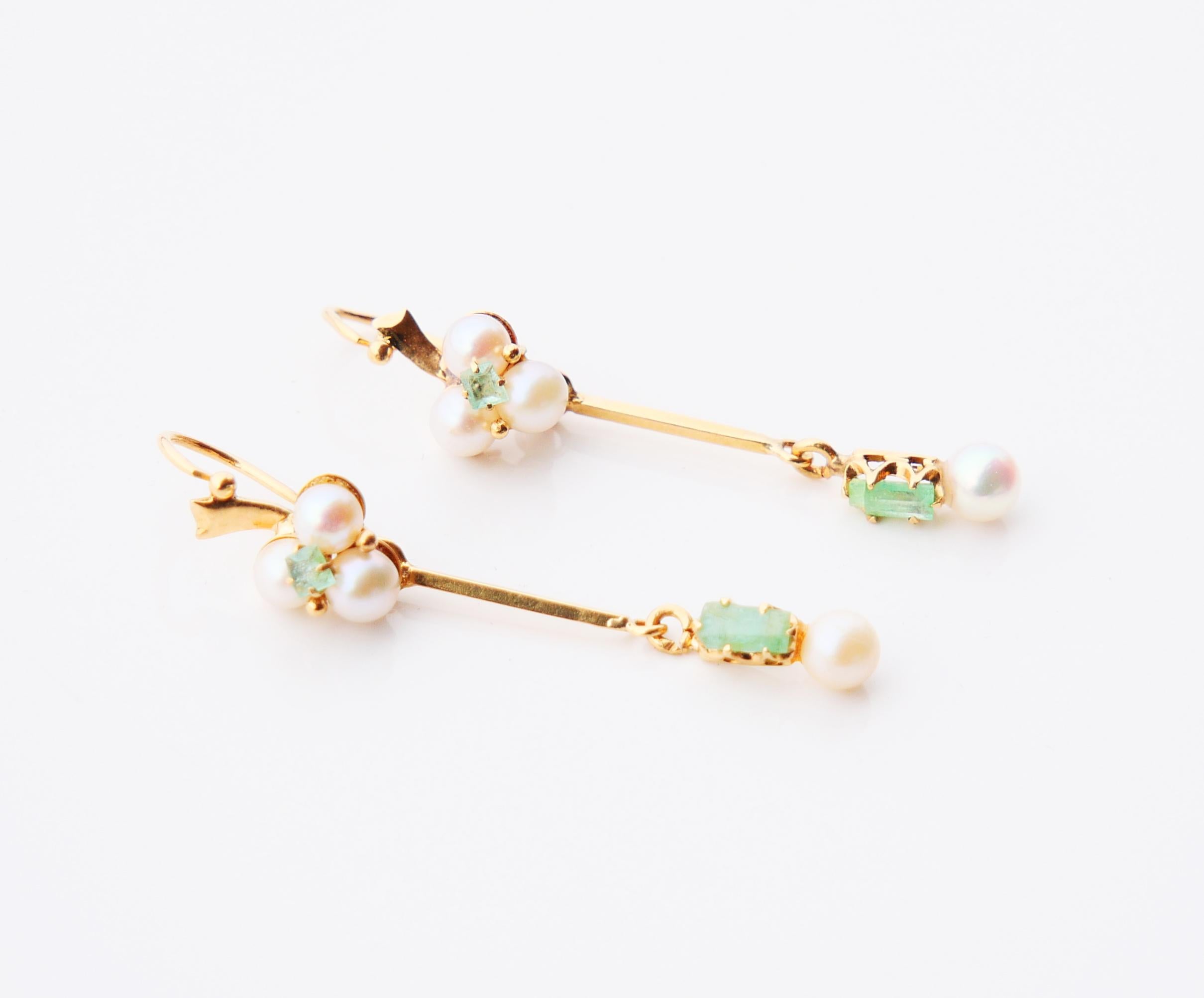Art Deco Antique European Earrings Pearls Emeralds solid 18K Gold / 4.3 gr For Sale
