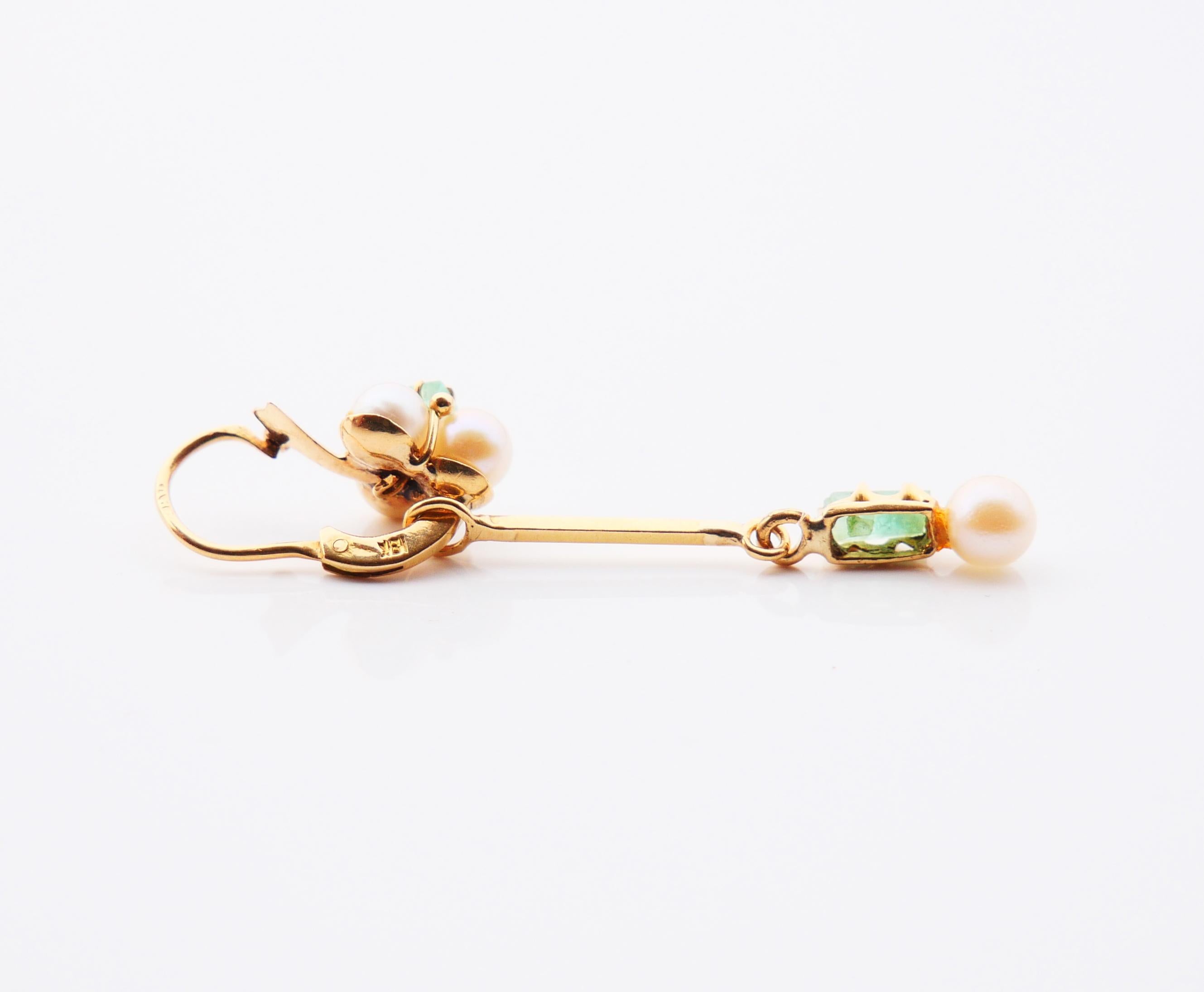 Baguette Cut Antique European Earrings Pearls Emeralds solid 18K Gold / 4.3 gr For Sale