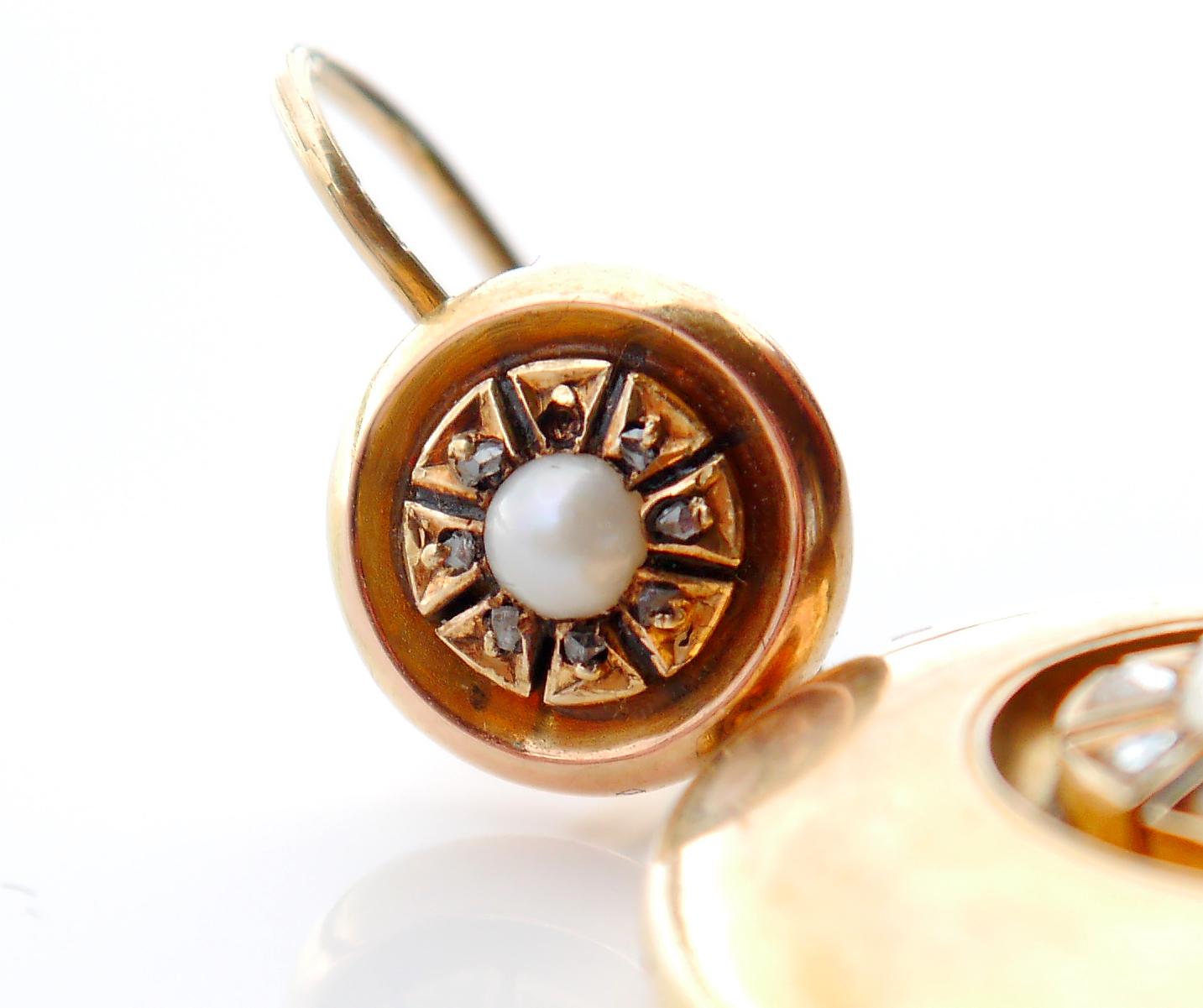 Pendientes Europeos Antiguos Oro 14K macizo Perlas Diamantes /13.6gr en venta 5