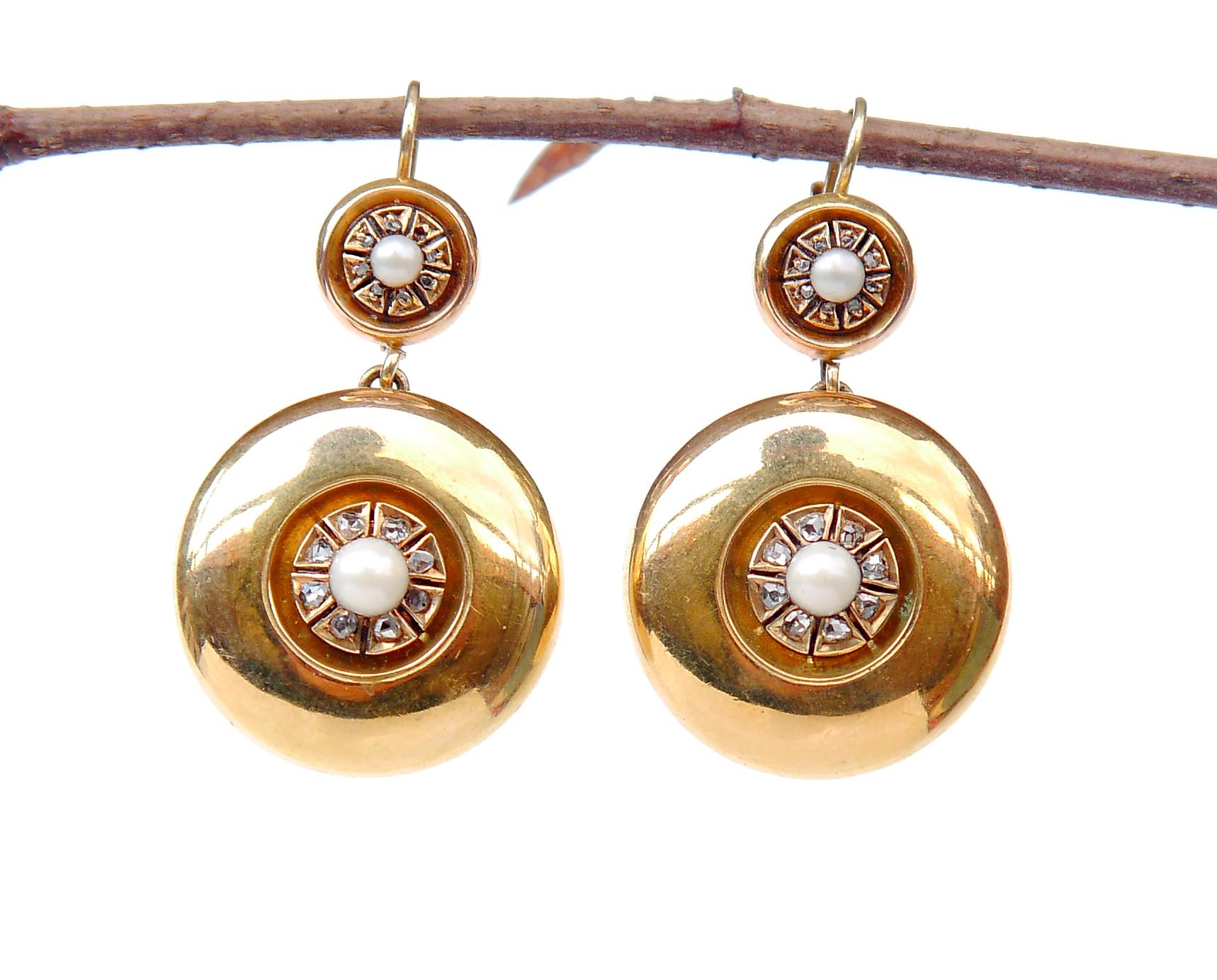 Antike europäische Ohrringe aus massivem 14K Gold mit Perlen und Diamanten /13.6gr (Art déco) im Angebot