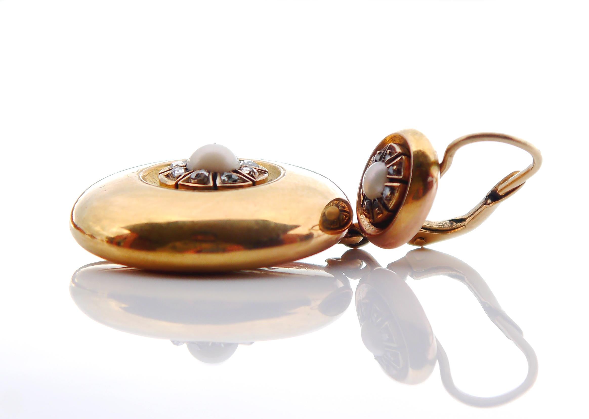 Women's Antique European Earrings solid 14K Gold Pearls Diamonds /13.6gr For Sale