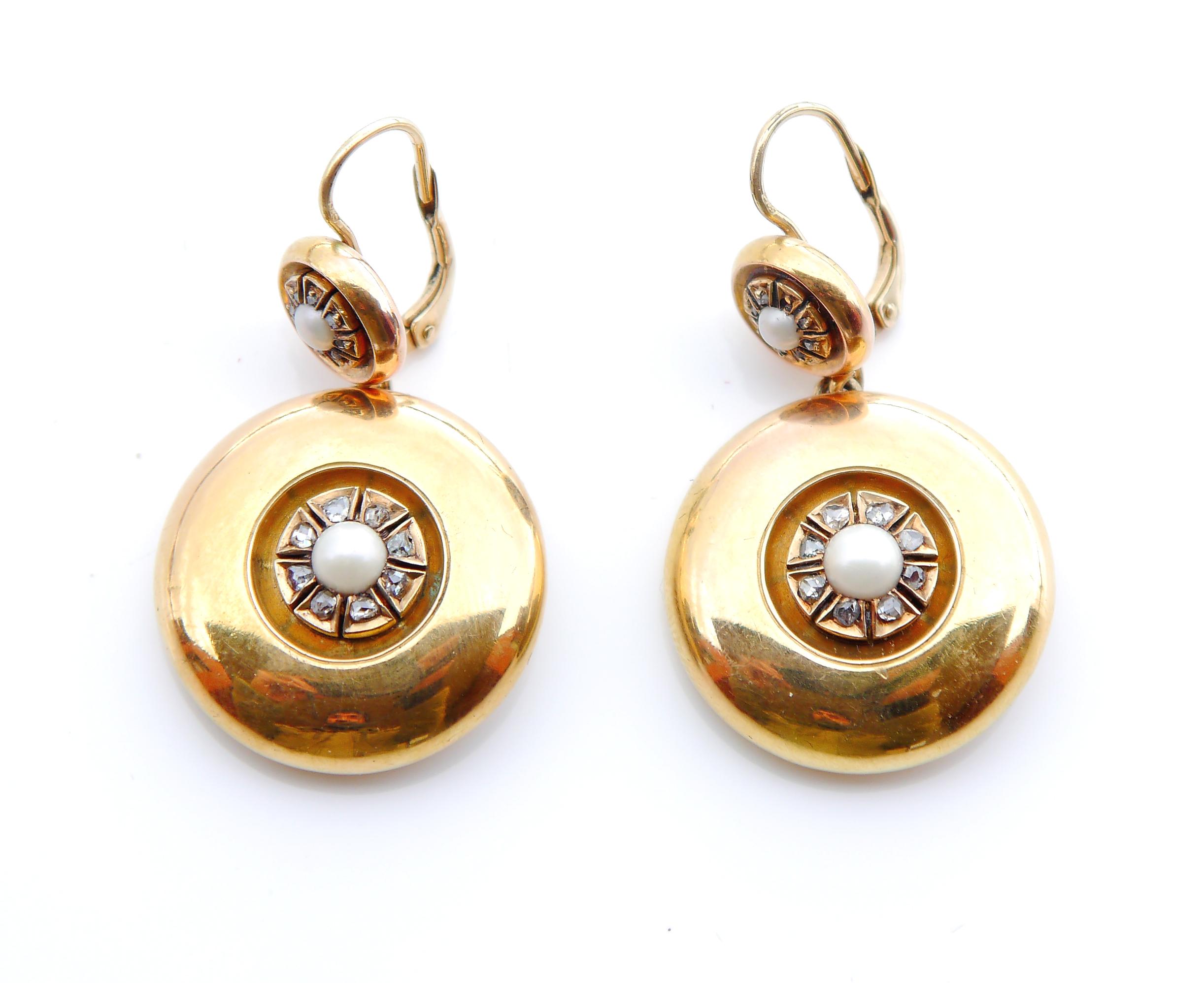 Antique European Earrings solid 14K Gold Pearls Diamonds /13.6gr For Sale 1