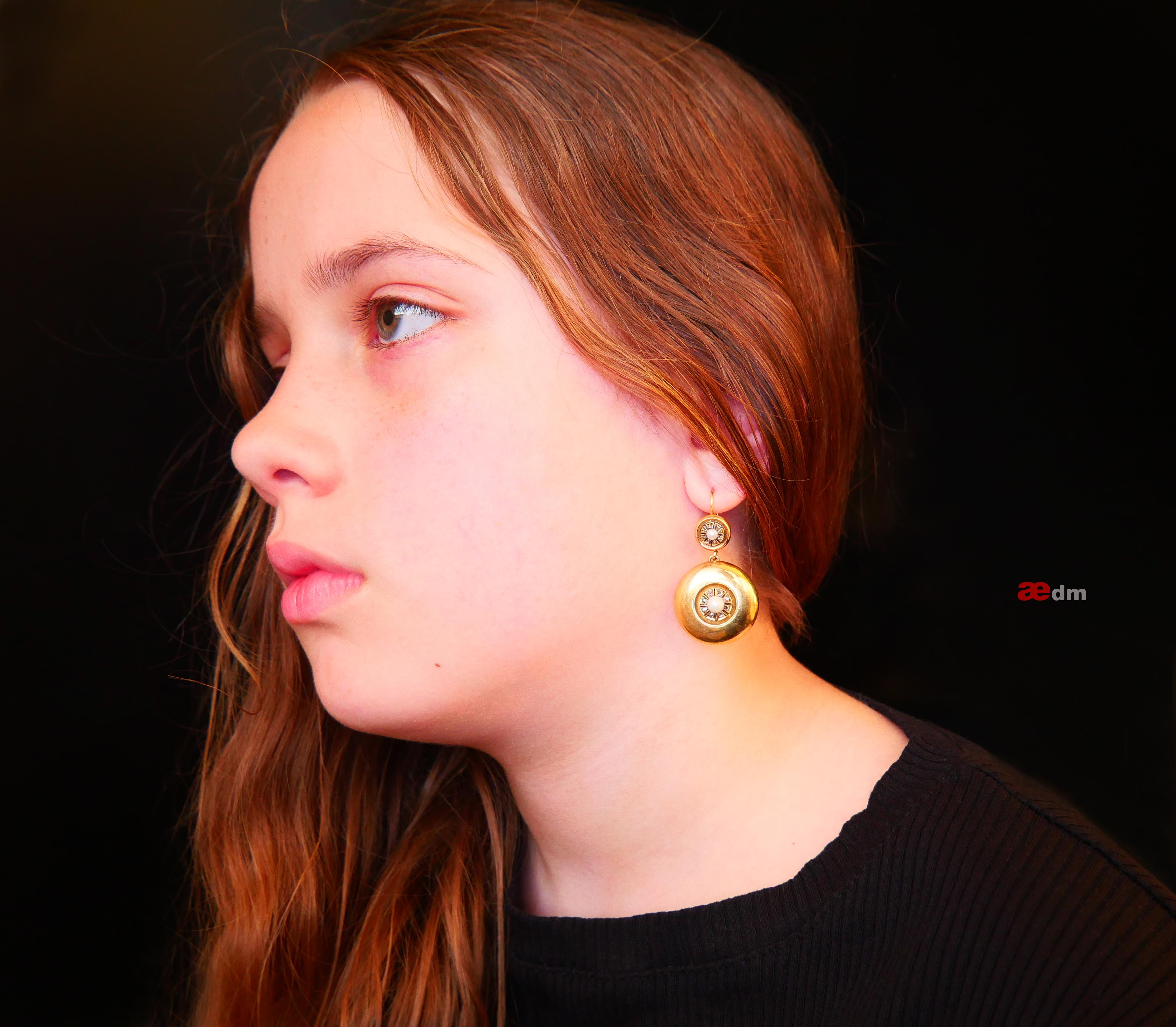 Antique European Earrings solid 14K Gold Pearls Diamonds /13.6gr For Sale 2