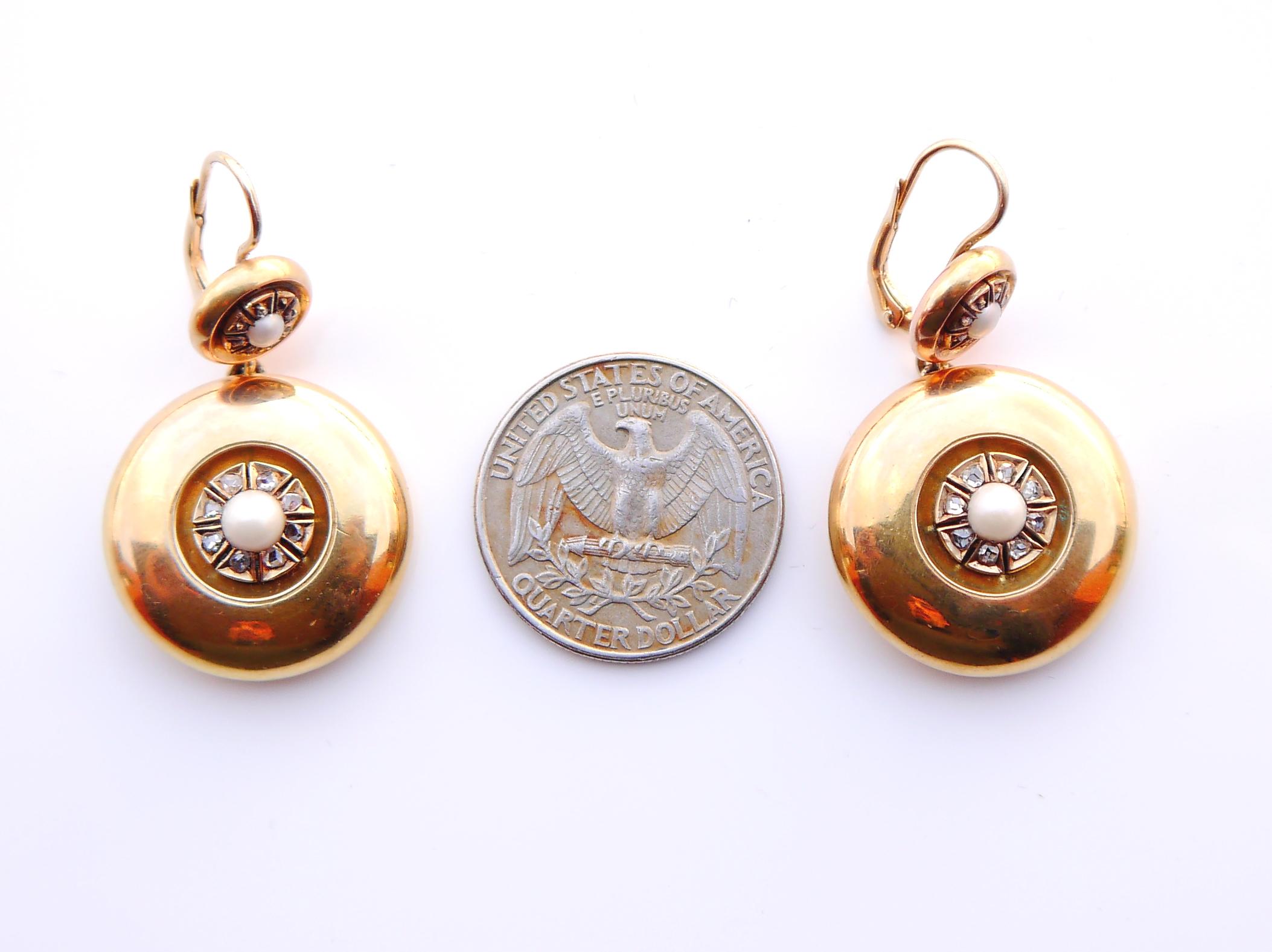 Antique European Earrings solid 14K Gold Pearls Diamonds /13.6gr For Sale 4