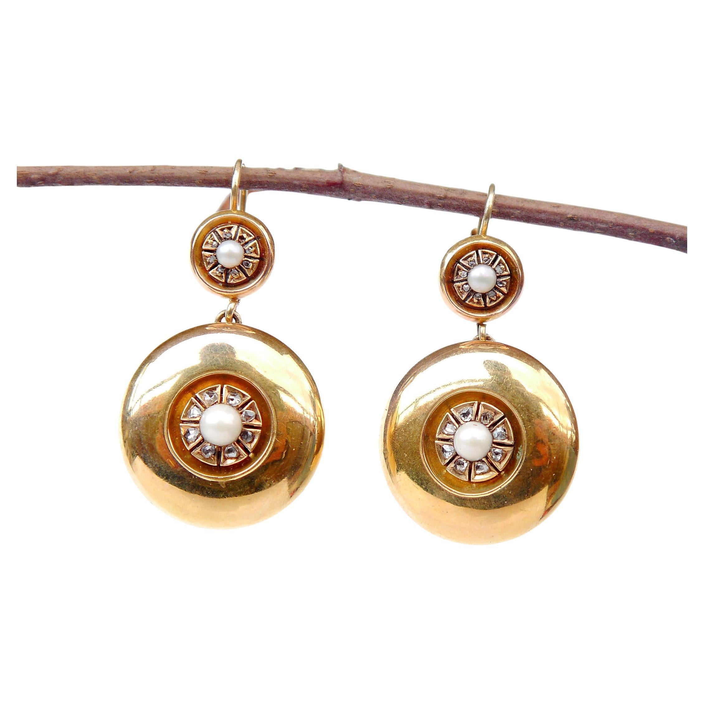 Antique European Earrings solid 14K Gold Pearls Diamonds /13.6gr For Sale