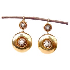 Antique European Earrings solid 14K Gold Pearls Diamonds /13.6gr