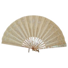 Antique European Embroidered Floral Fan with Sea Snail Shell Sticks, c.1890