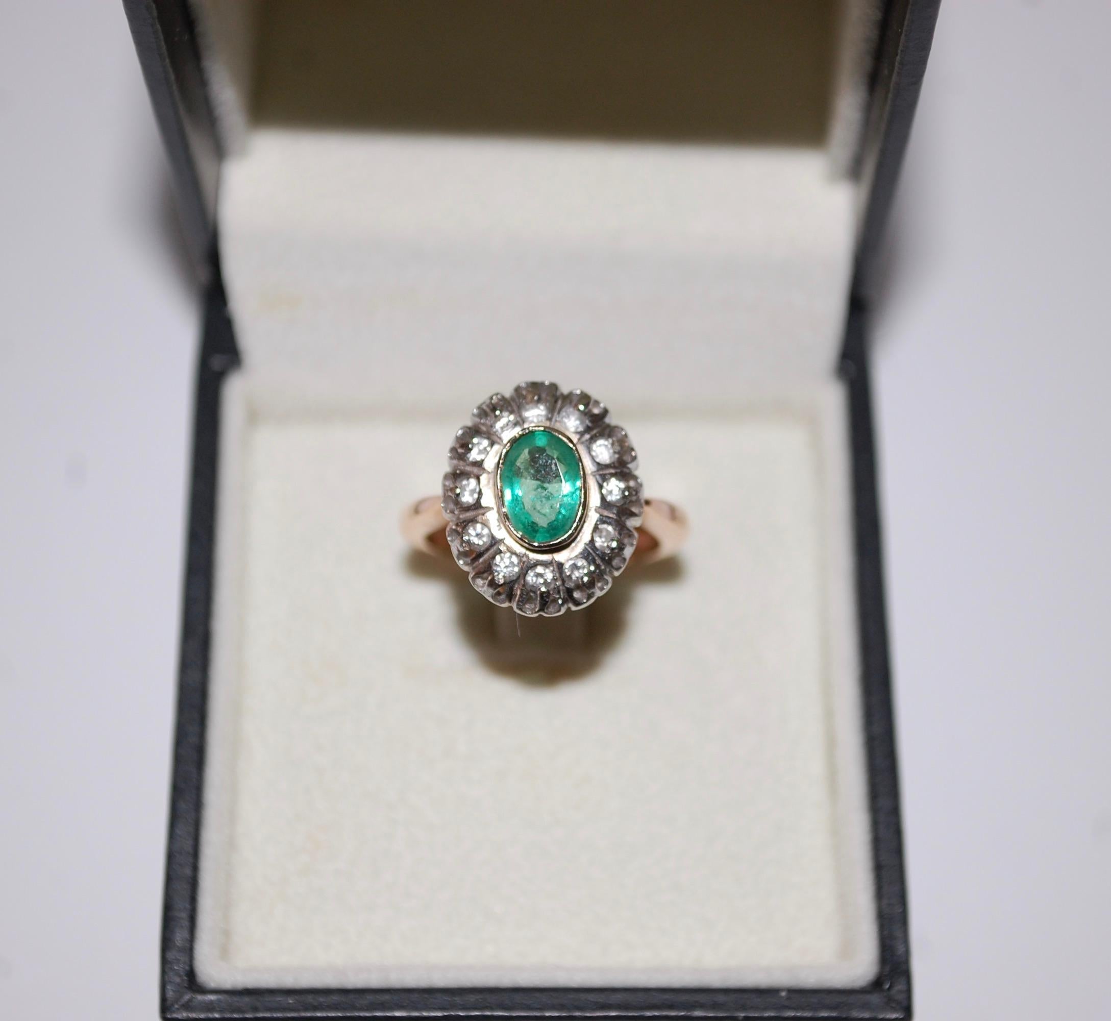 Antique European Emerald and Diamond Earrings and Ring Set
Rare Antique European Edwardian style Halo earrings and ring set. 14k rose and white gold (stamp 585). Oval light green natural emerald no visible inclusions or evidence of dye, about 8mm x