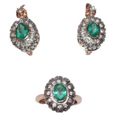 Antique Gold Emerald and Diamond Earrings and Ring