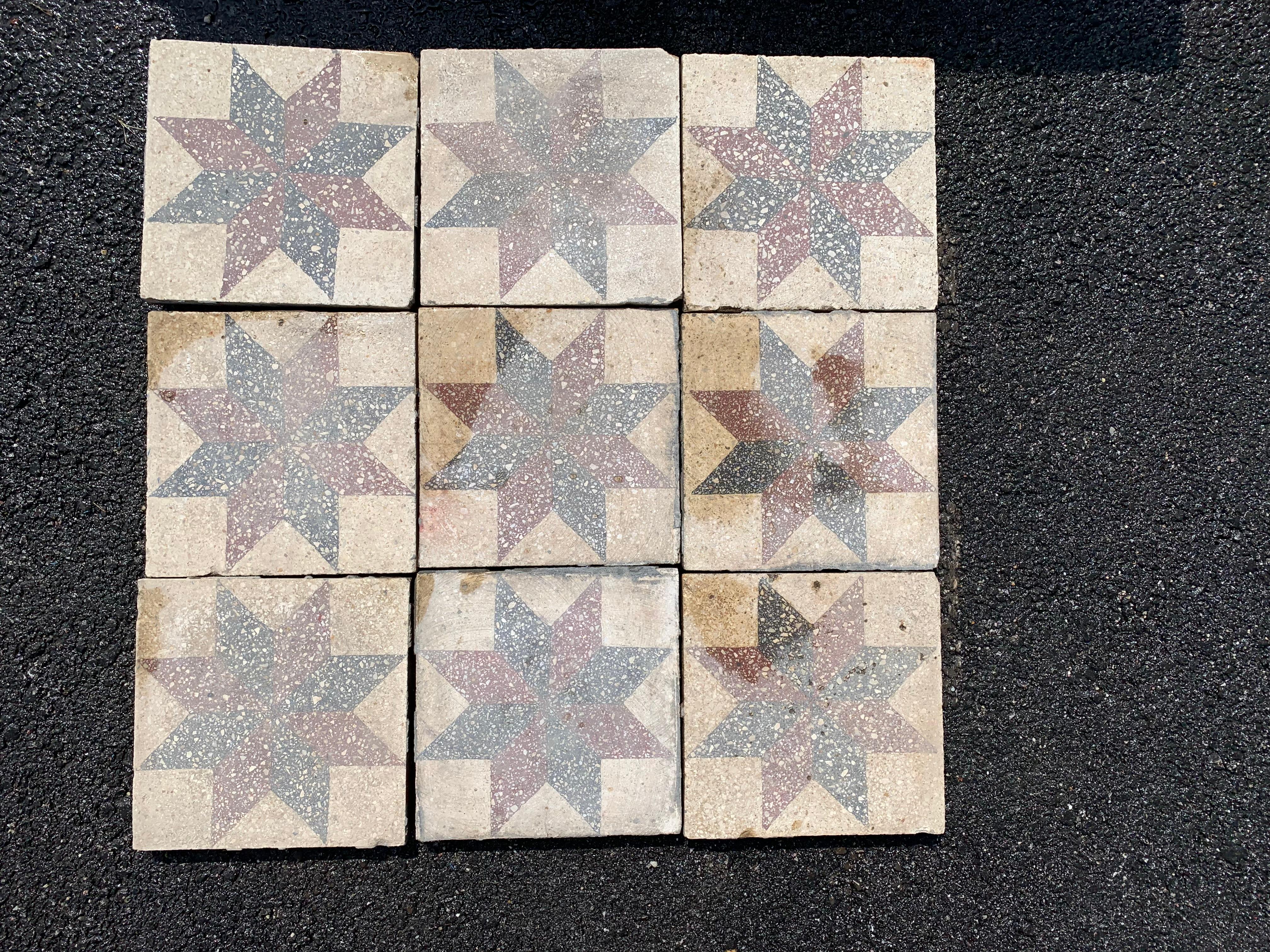 Antique European Encaustic Cement Tiles.  Pre-WWII In Good Condition For Sale In Baltimore, MD