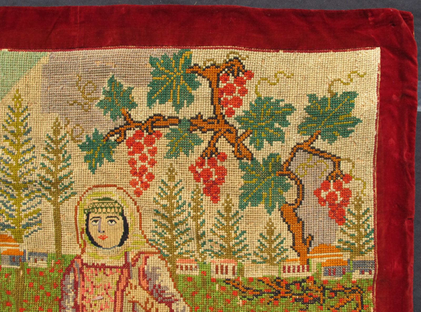 Antique European Folk Art Tapestry with Country Side Scene in Bright Colors, Rug / S12-0526. A unique tapestry, Folk Art Tapestry, Needle point and Petite point, Probably from Eastern Europe. A scenic tapestry of country side with vivid colors,
