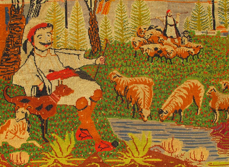 Antique European Folk Art Tapestry with Country Side Scene in Bright Colors at 1stDibs