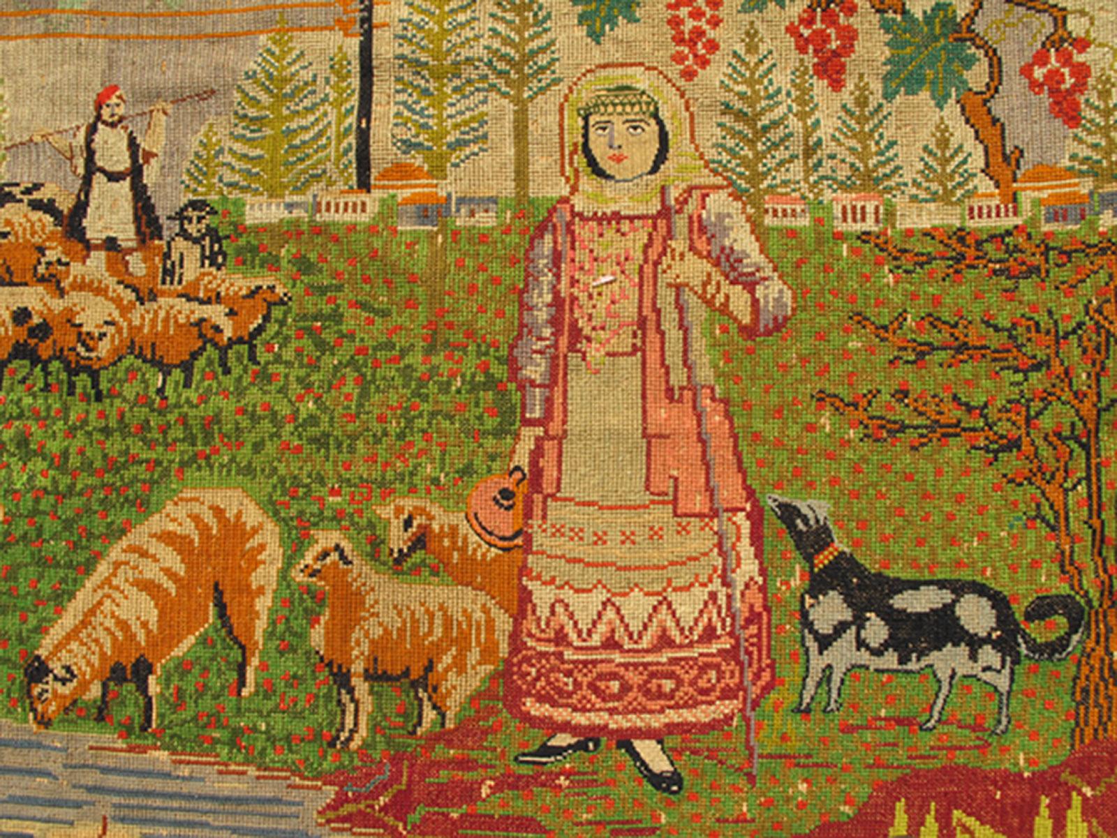 French Antique European Folk Art Tapestry with Country Side Scene in Bright Colors