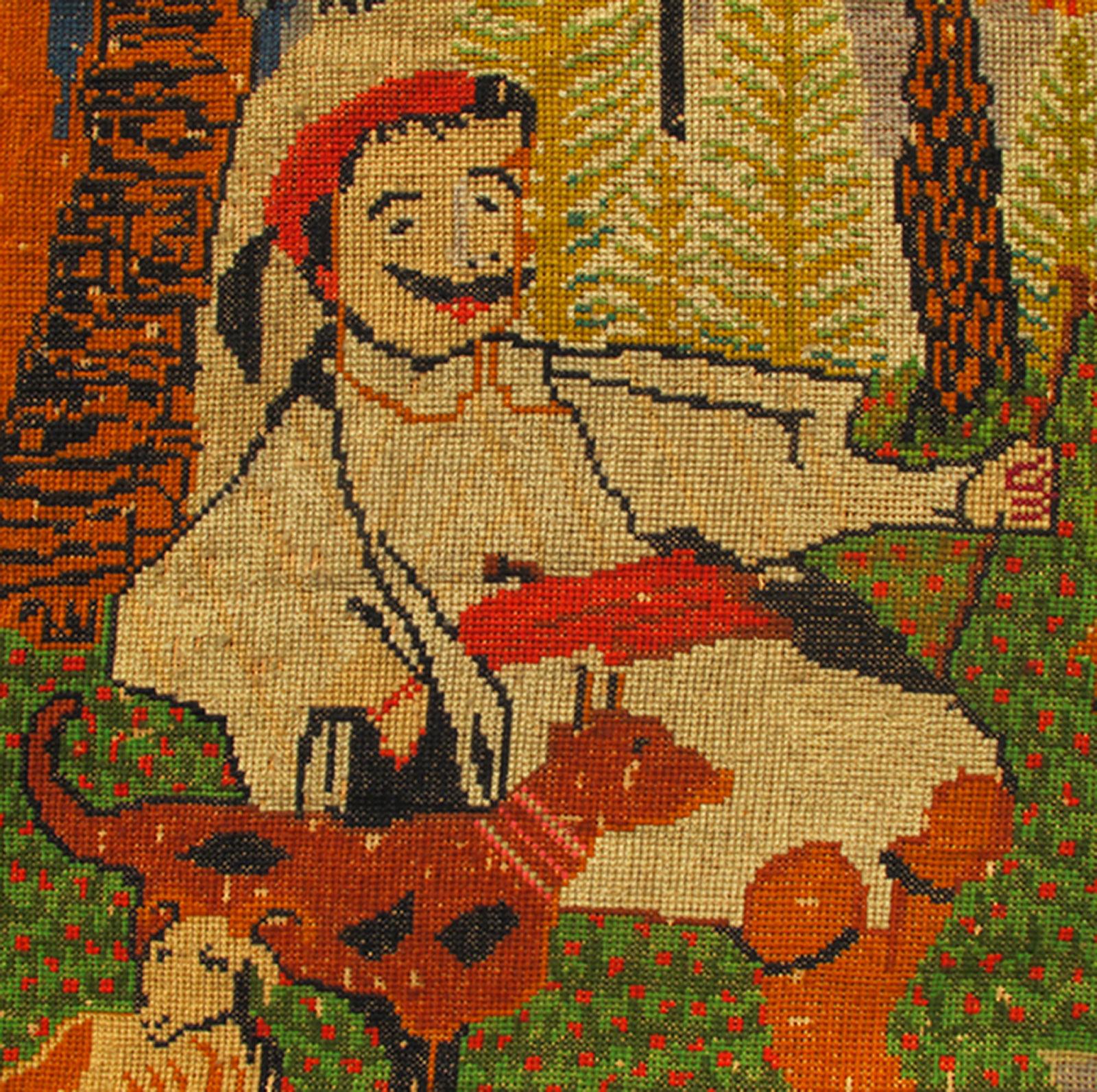 Hand-Knotted Antique European Folk Art Tapestry with Country Side Scene in Bright Colors