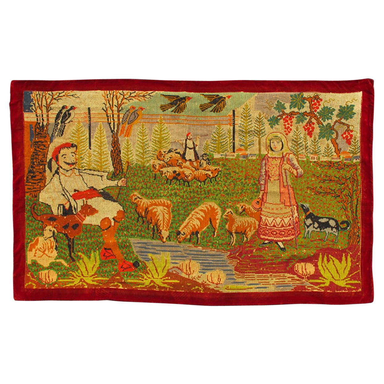 Antique European Folk Art Tapestry with Country Side Scene in Bright Colors