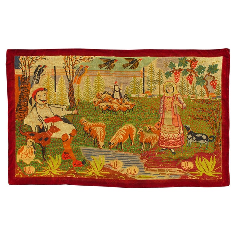 Antique European Folk Art Tapestry with Country Side Scene in Bright Colors at 1stDibs