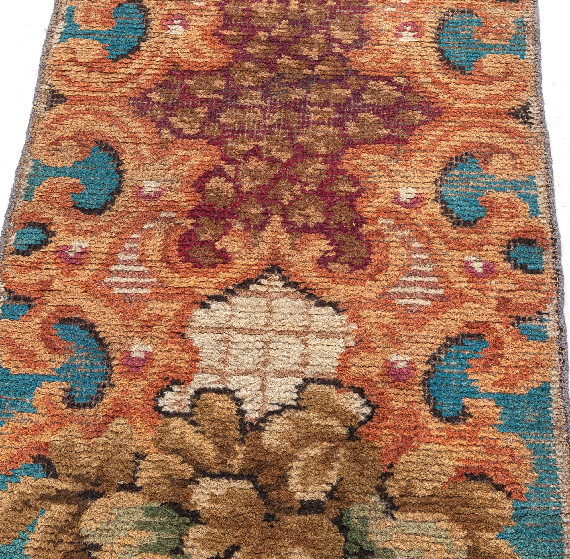 Hand-Knotted Antique European Fragment Botanic Handmade Wool Rug For Sale