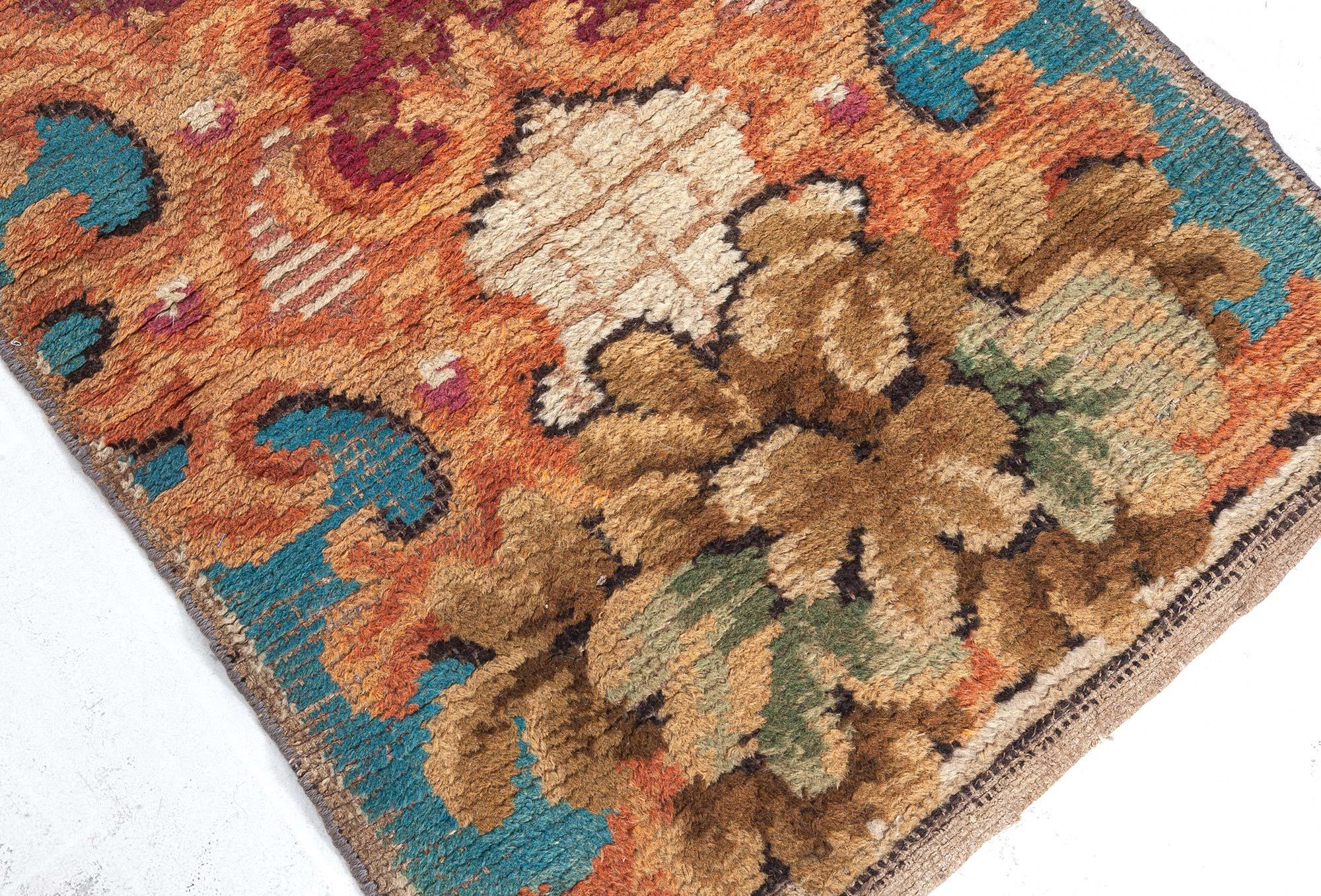 Antique European Fragment Botanic Handmade Wool Rug In Good Condition For Sale In New York, NY